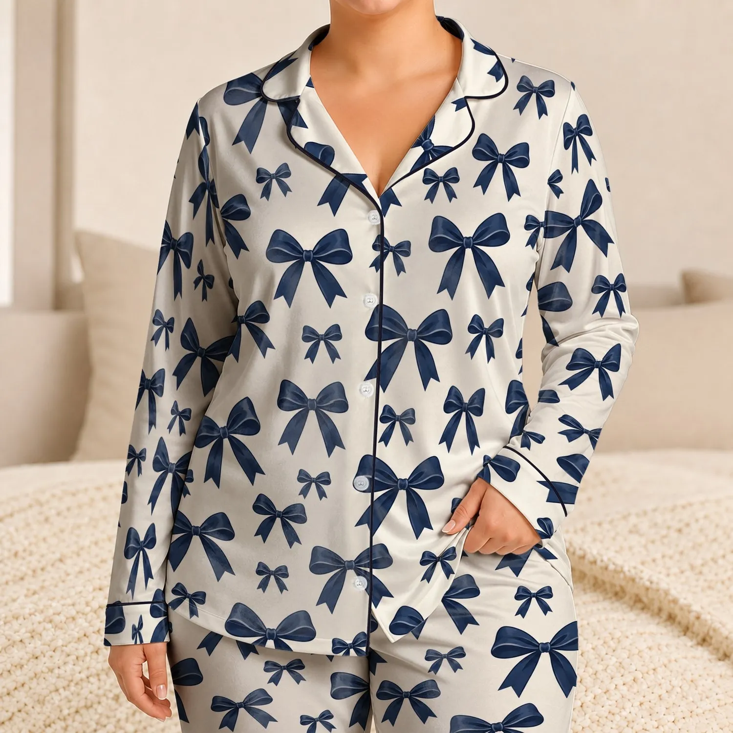 Navy Bow Motif for Cozy Holiday Lounging and Elegant Gift Giving Satin Pajamas Set - 1