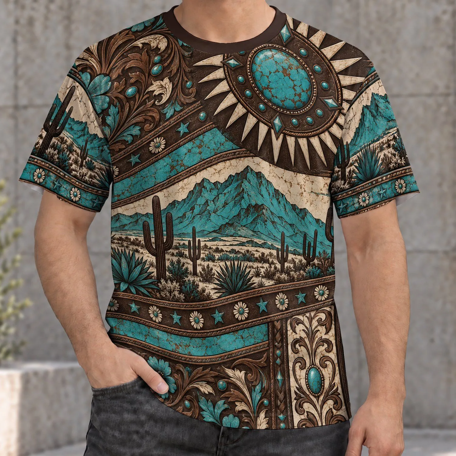 Turquoise Cactus and Western Tooled Scrolls for Southwestern Desert Living and Travel All-over Print Unisex T-shirt - 1