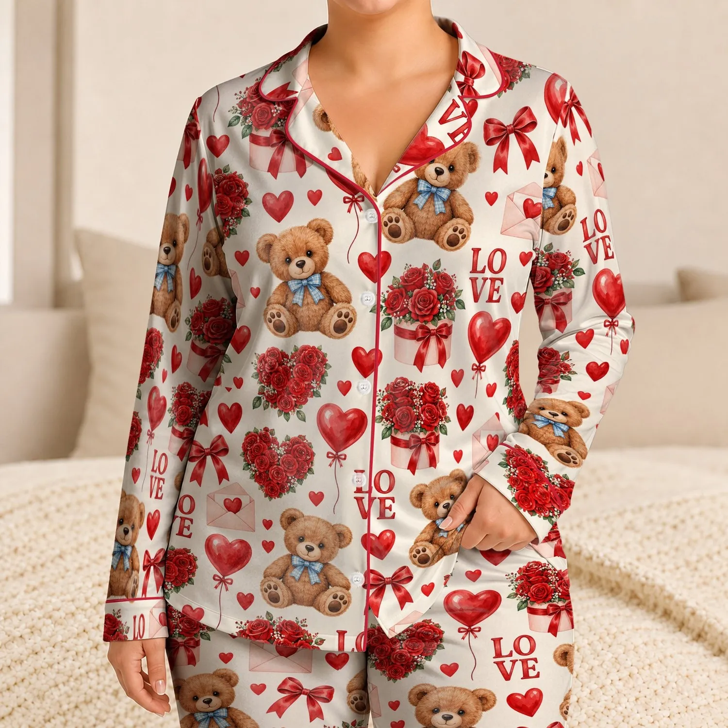 Teddy Bears With Rose Hearts And Ribbon Bows For Romantic Valentine’s Day Gifting Satin Pajamas Set - 1