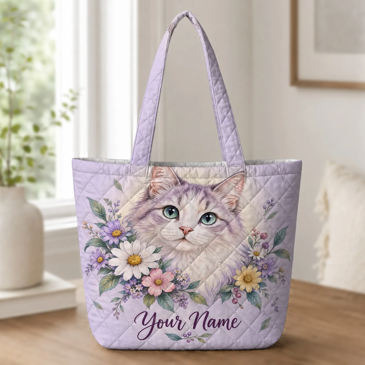 Colorful Teal-Eyed Floral Cat Gift for Cat Lovers, Birthdays and Everyday Style Quilted Tote Bag - 1