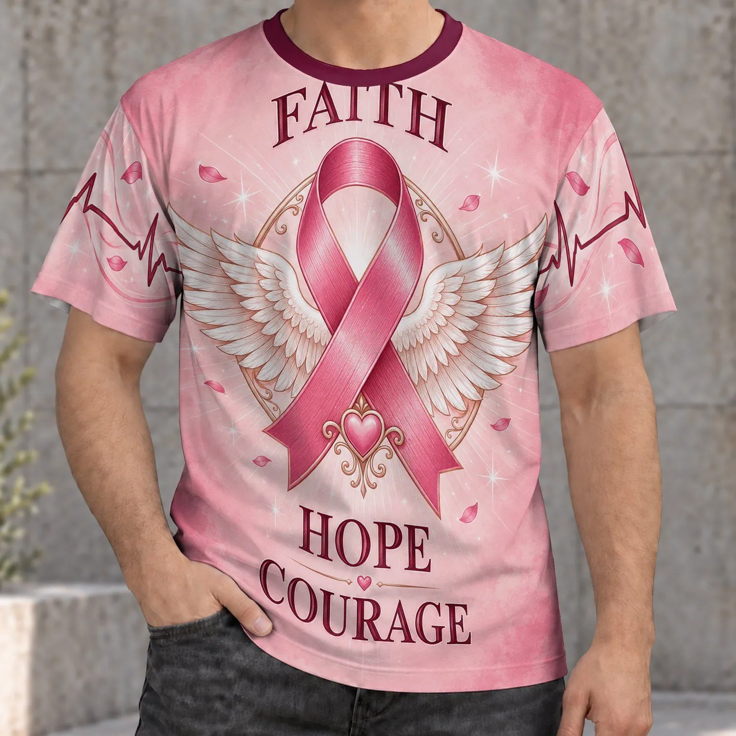Pink Breast Cancer Awareness Ribbon with Faith Hope Courage for Supportive Everyday Wear All-over Print Unisex T-shirt - 1