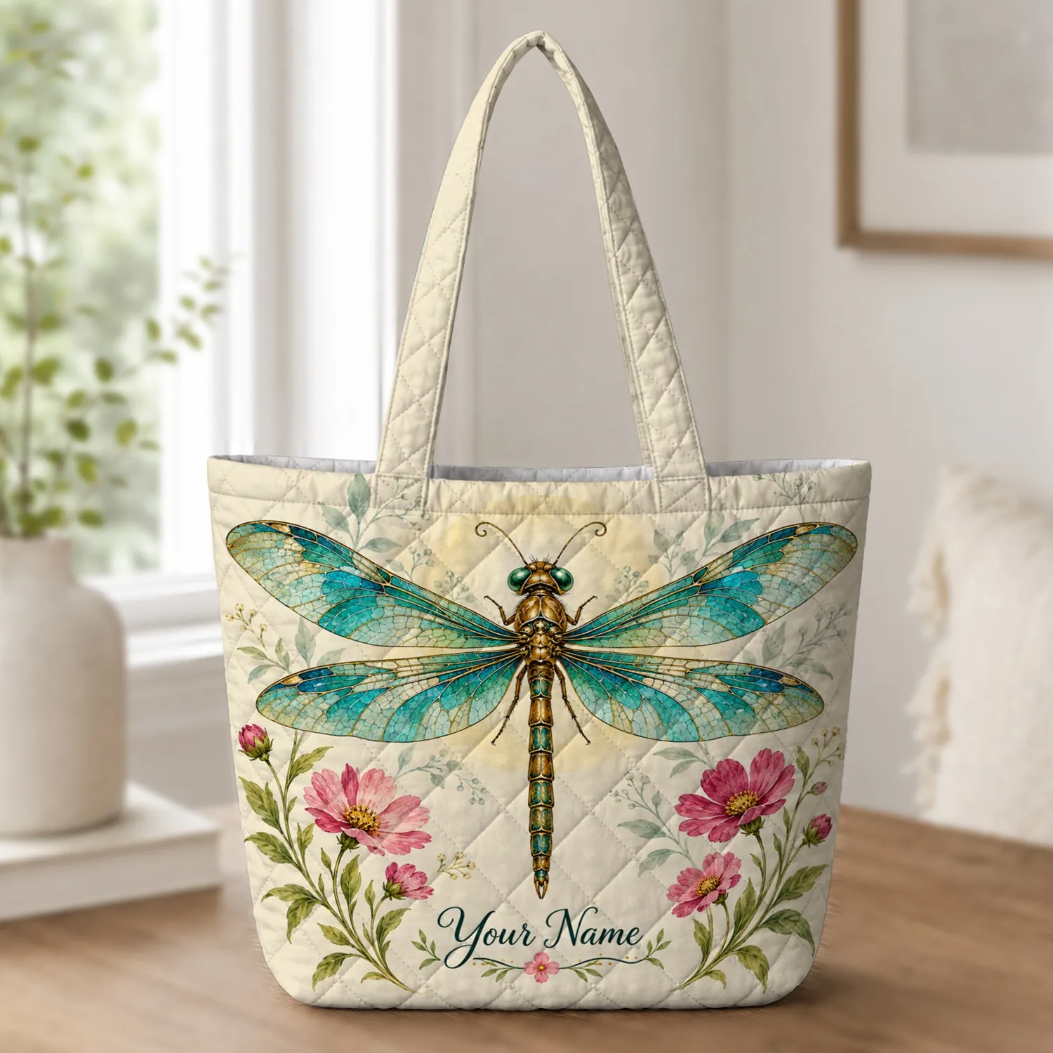 Colorful Dragonfly and Wildflowers for Garden Days, Nature Lovers and Her Gift Quilted Tote Bag - 1