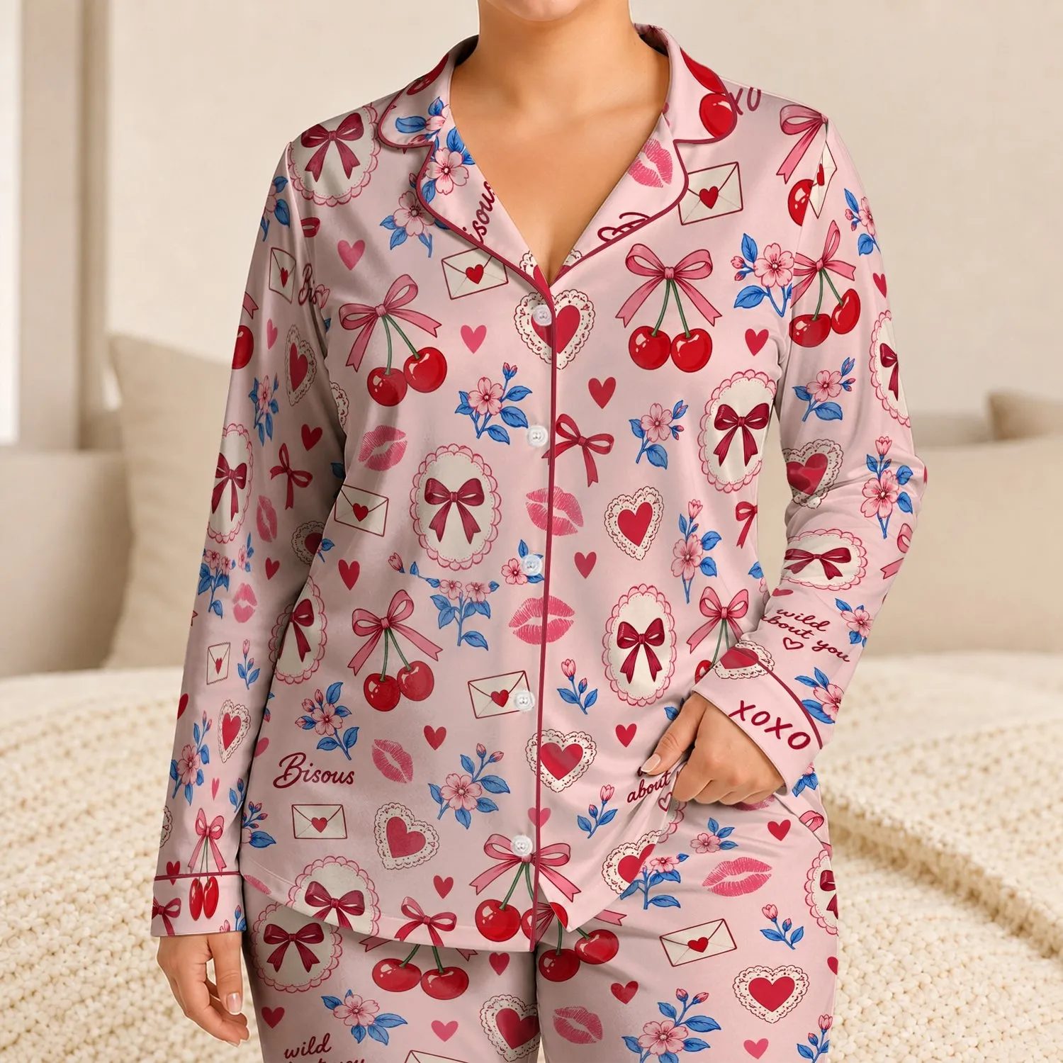 Sweet Cherry Hearts and Ribbon Bows for Cozy Autumn Lounging and Thoughtful Gifts for Women Satin Pajamas Set - 1