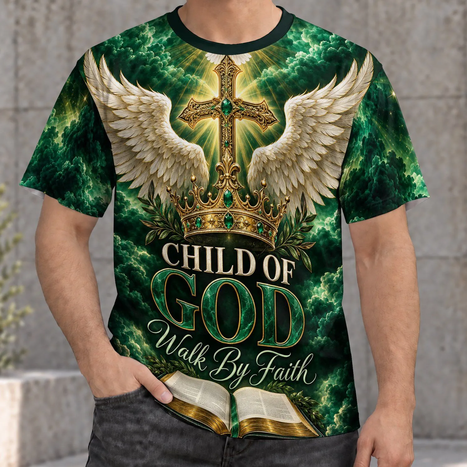 Angel Wings, Jeweled Crown and Open Bible for Faith-Inspired Everyday Wear All-over Print Unisex T-shirt - 1