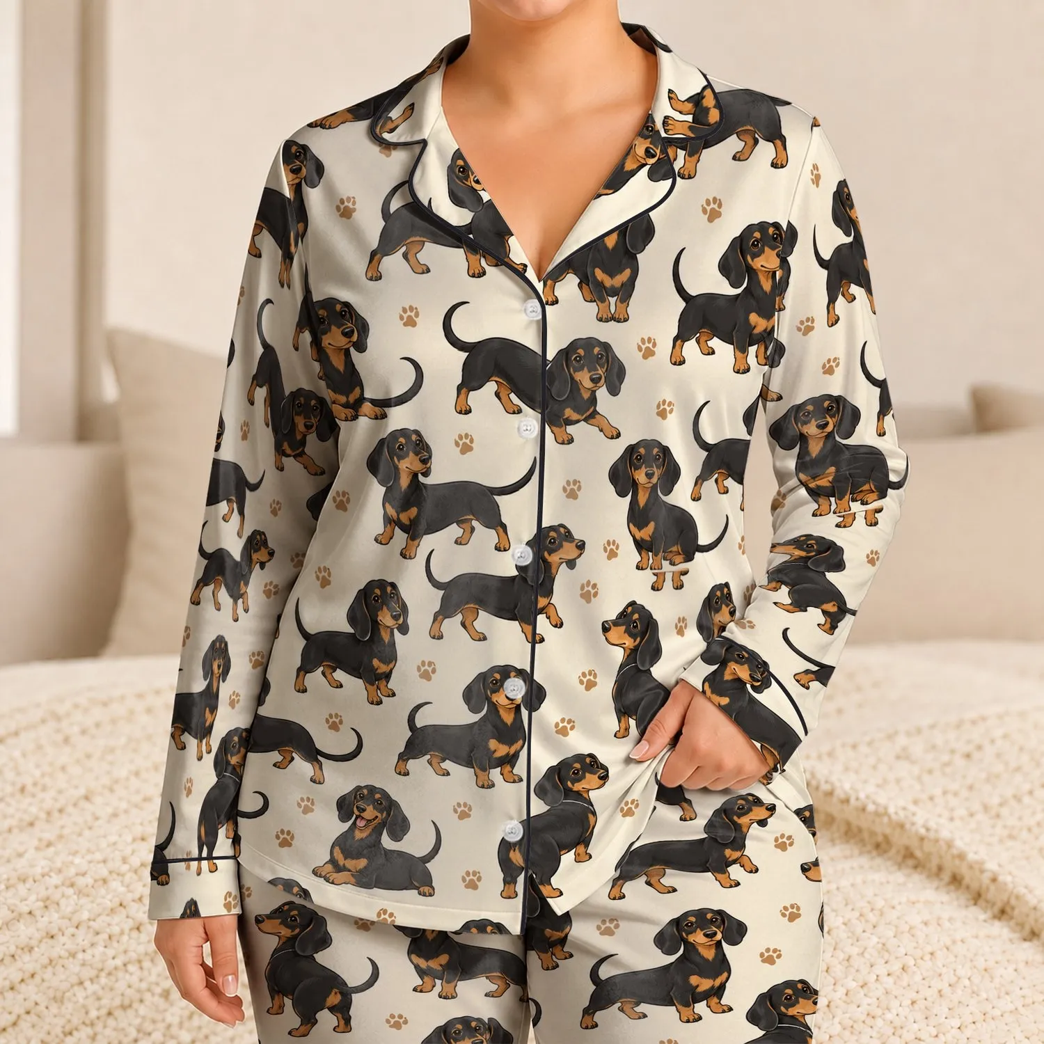 Dachshund Dog Motifs for Cozy Lounging and Relaxed Evenings for Dog Lovers at Home Satin Pajamas Set - 1