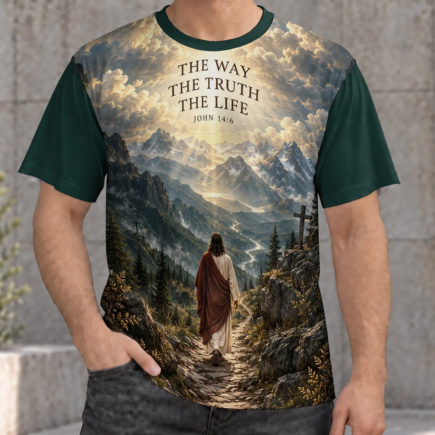 Narrow Path Valley and Radiant Cross for Faith Walks and Christian Devotion All-over Print Unisex T-shirt - 1