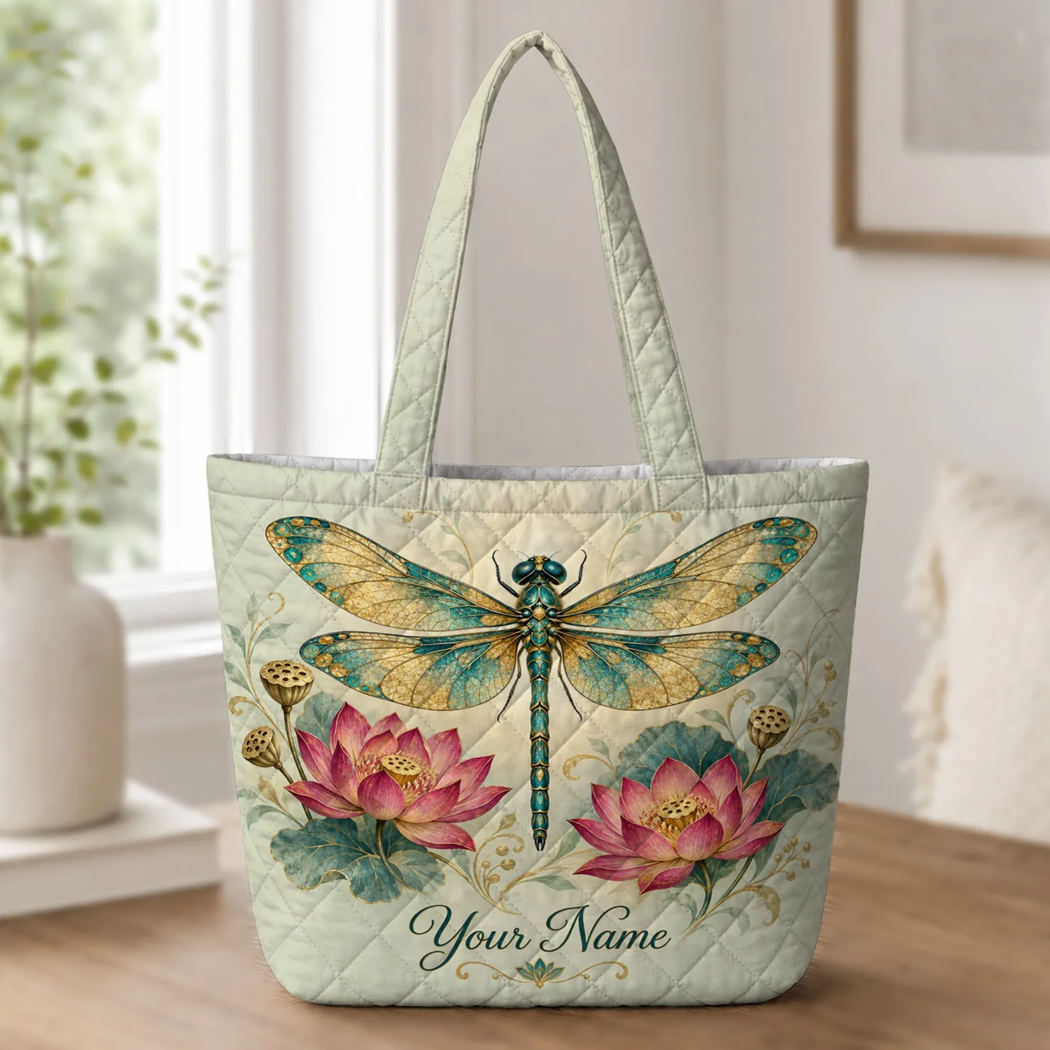 Golden Dragonfly and Jewel-Tone Blooms for Garden Days and Nature Lover Gifts Quilted Tote Bag - 1