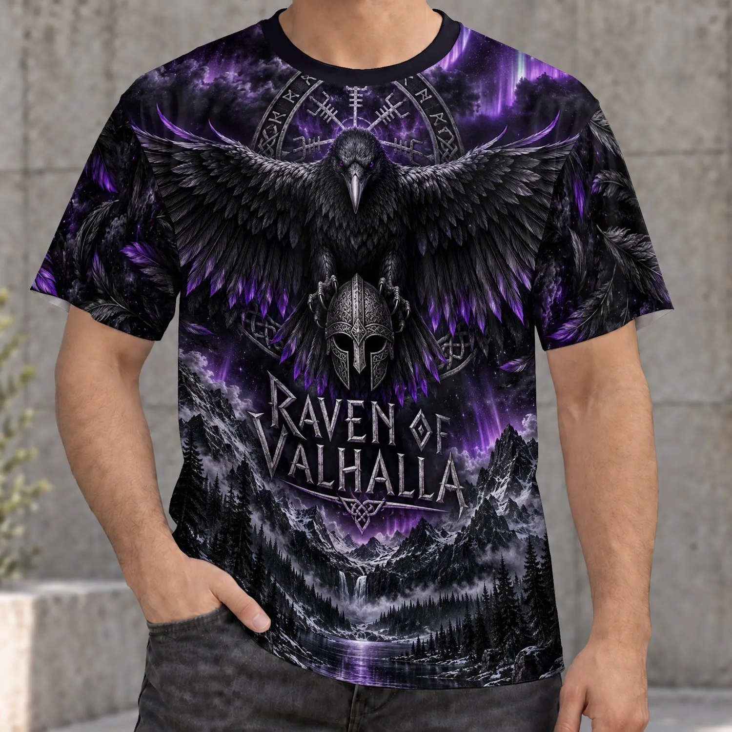 Viking Raven and Purple Aurora for Norse Mythology Fans and Nordic Night Adventures All-over Print Unisex T-shirt - 1