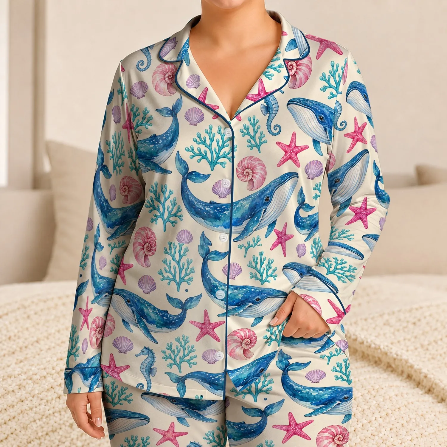 Blue Whale And Seaside Friends For Relaxed Coastal Evenings And Ocean Lovers Satin Pajamas Set - 1