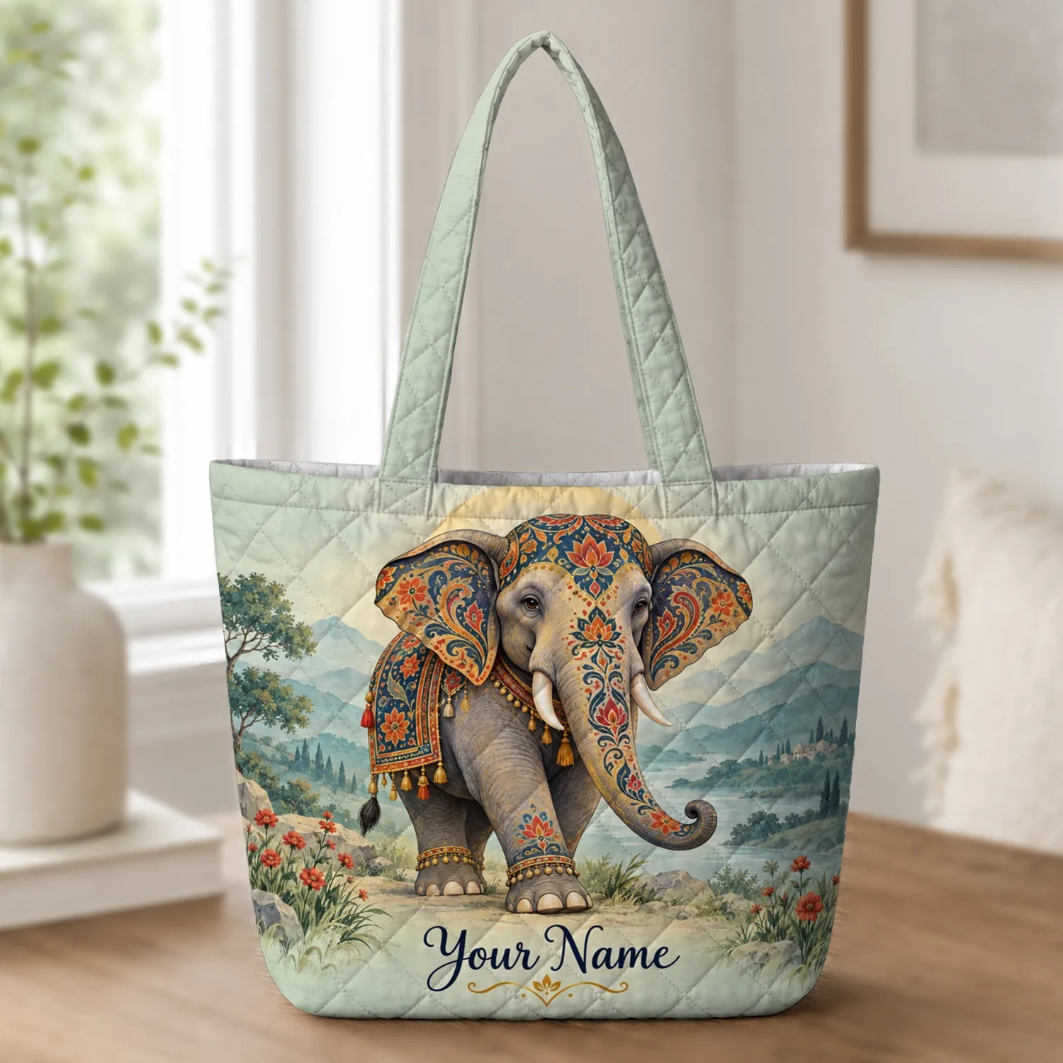 Ornate Elephant in Wildflower Hills for Nature Lovers, Travel Days, and Gift Giving Quilted Tote Bag - 1