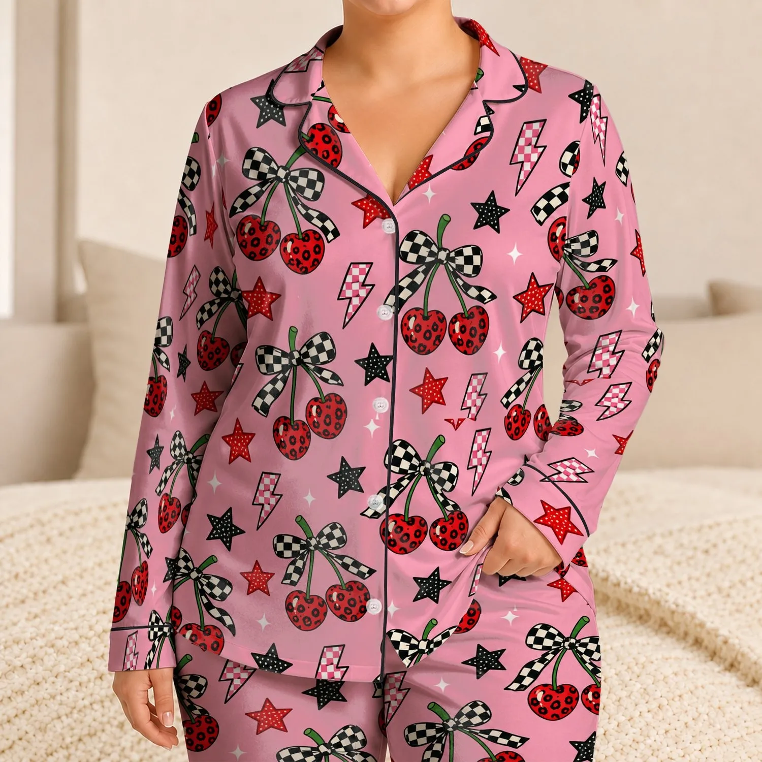Cherry Bow Lightning Stars and Leopard Hearts for Playful Cozy Nights Satin Pajamas Set - 1