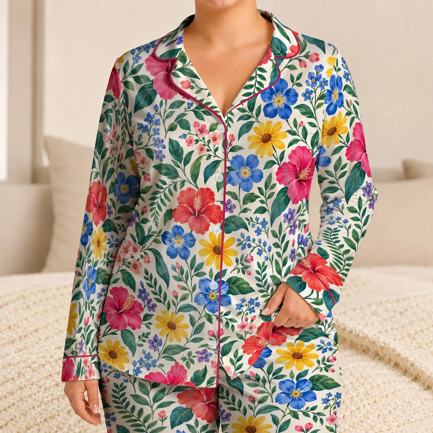 Colorful Summer Flowers for Sunny Beach Vacations and Relaxed Getaways Satin Pajamas Set - 1
