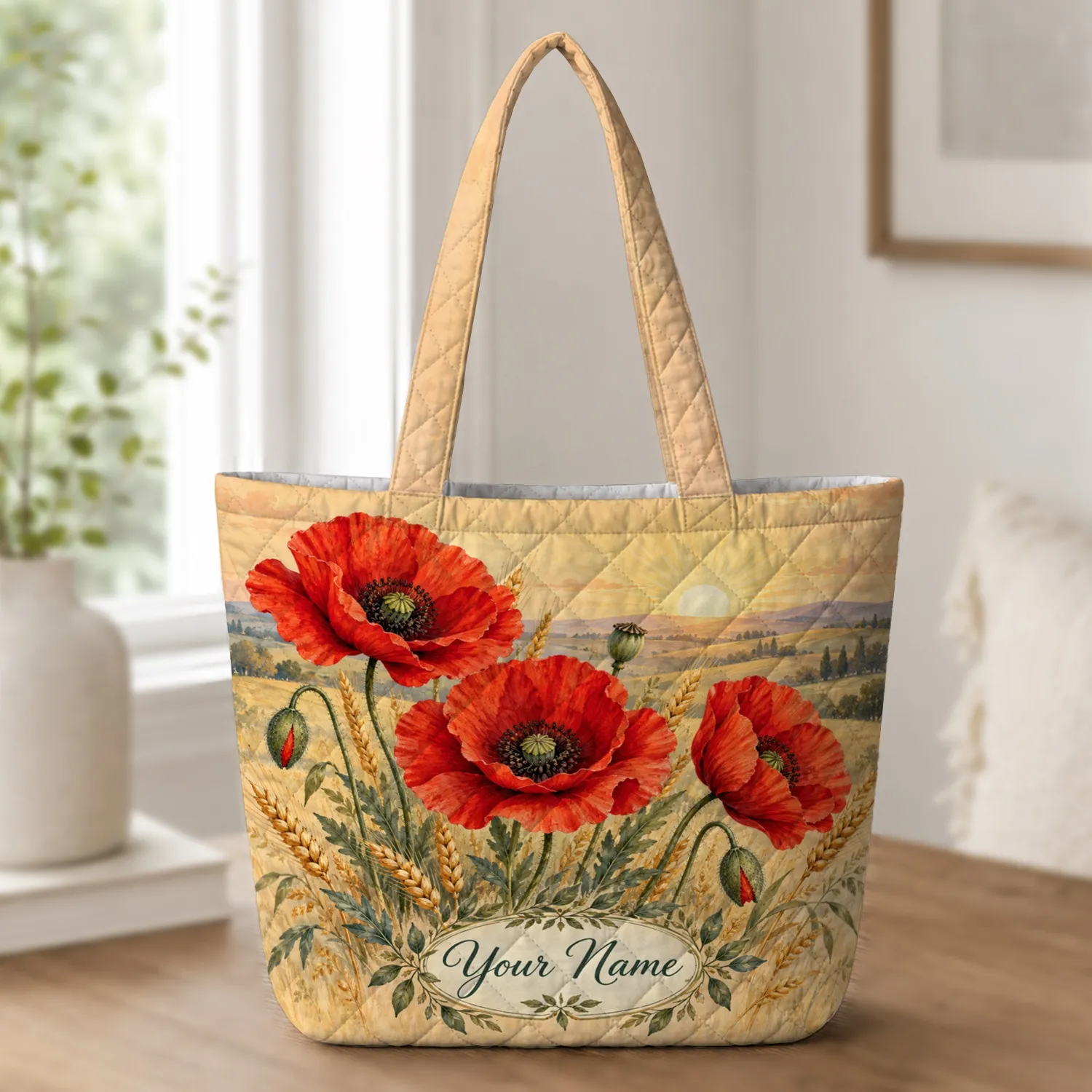Scarlet Poppy Sunset Meadow for Botanical Garden Celebrations and Nature Lovers Quilted Tote Bag - 1
