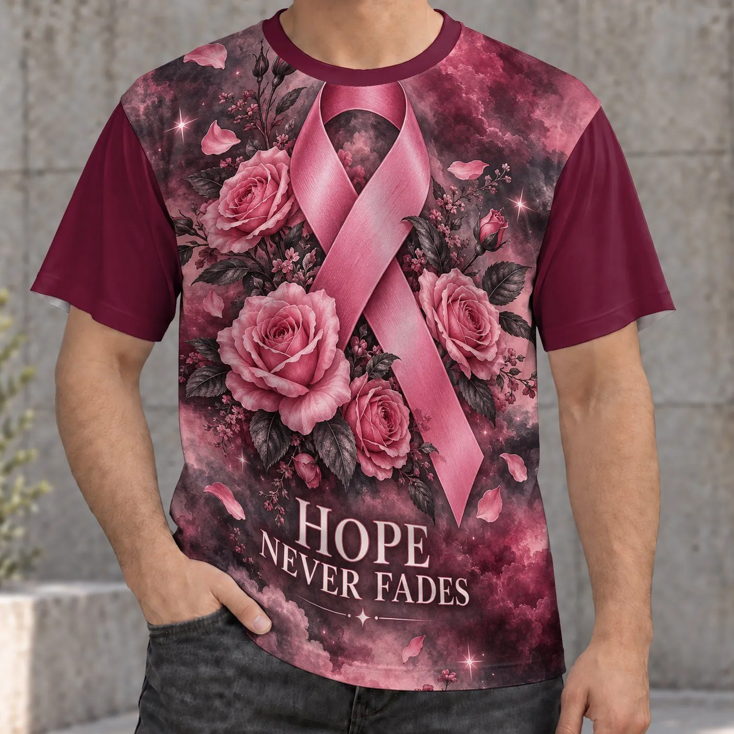Pink Rose Ribbon Breast Cancer Awareness Support Gift for Survivors and Advocates All-over Print Unisex T-shirt - 1