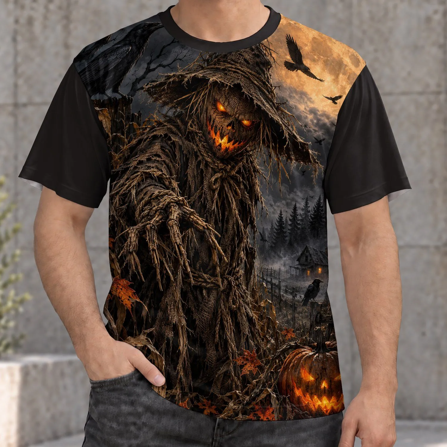 Haunted Scarecrow Beneath a Harvest Moon for Halloween Night and Autumn Fans All-over Print Unisex T-shirt - 1