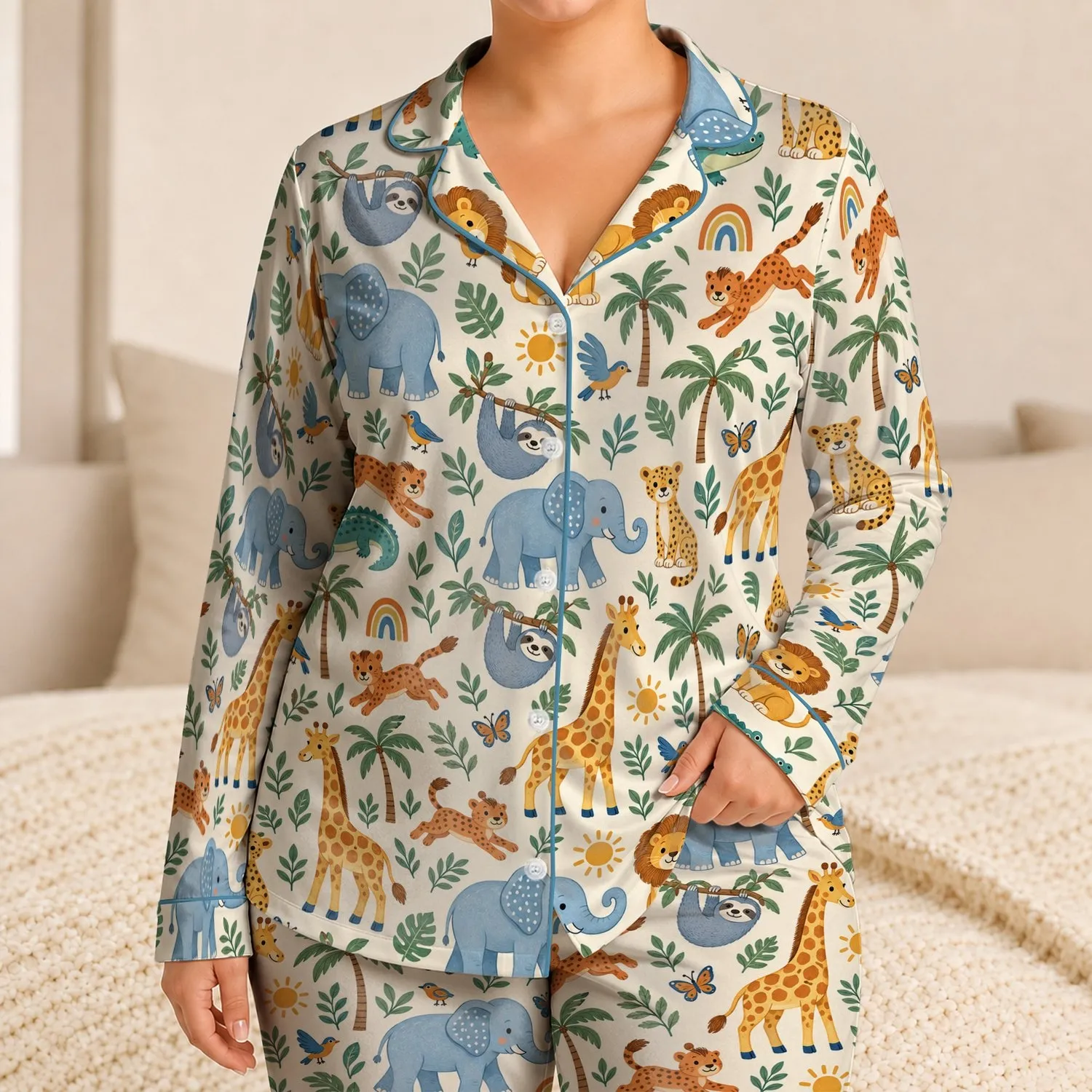 Safari Animals and Rainbow Skies for Cozy Nursery Nights and Young Animal Lovers Satin Pajamas Set - 1