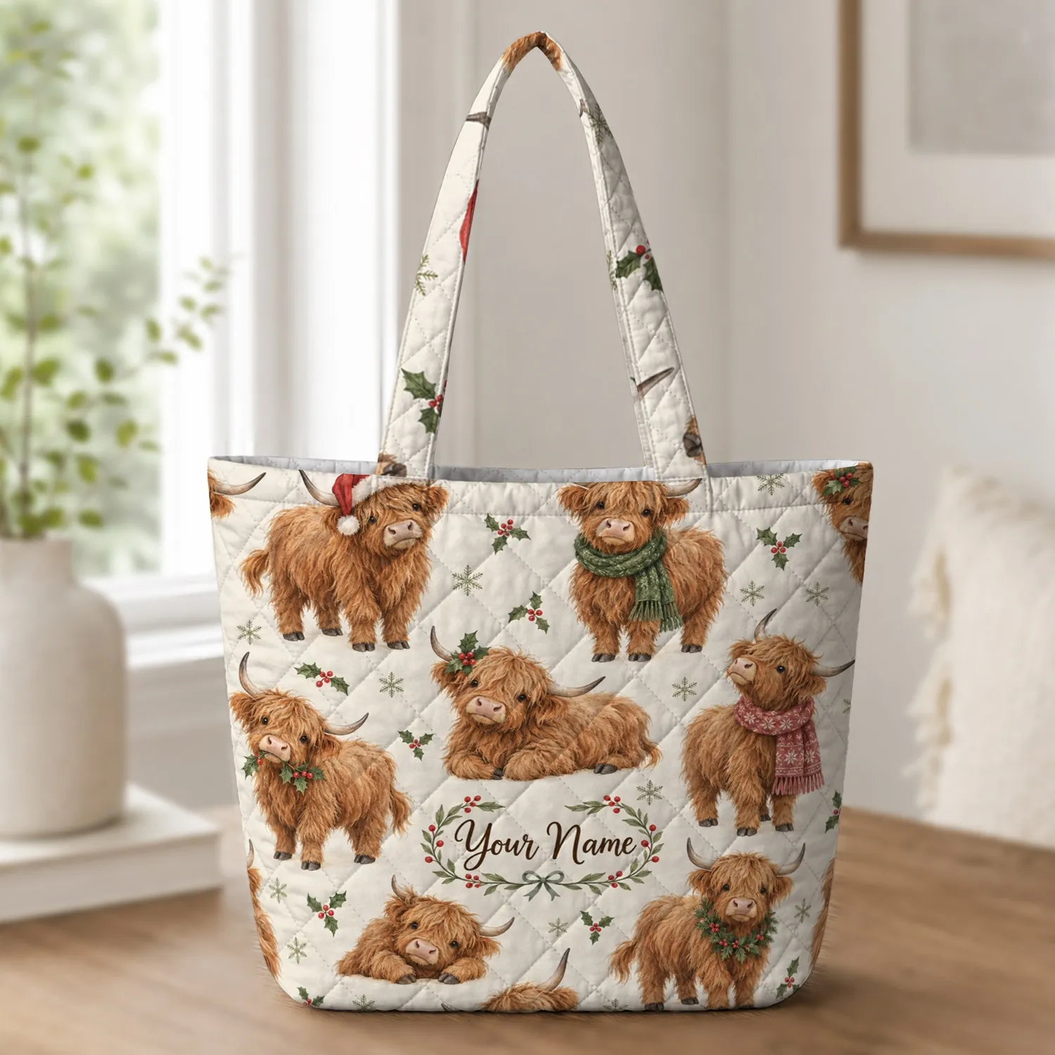 Highland Cow Christmas Holiday Gift for Cow Lovers and Cozy Farmhouse Style Fans Quilted Tote Bag - 1
