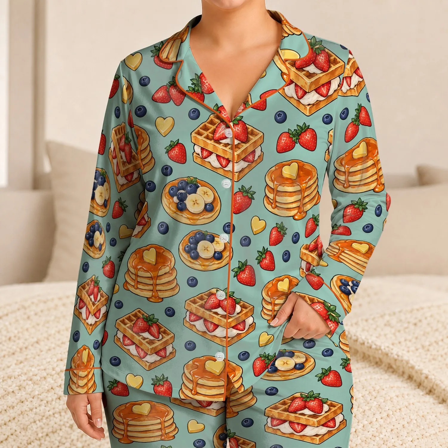 Pancakes, Waffles And Berries For Cozy Weekend Mornings And Sweet Family Brunches Satin Pajamas Set - 1