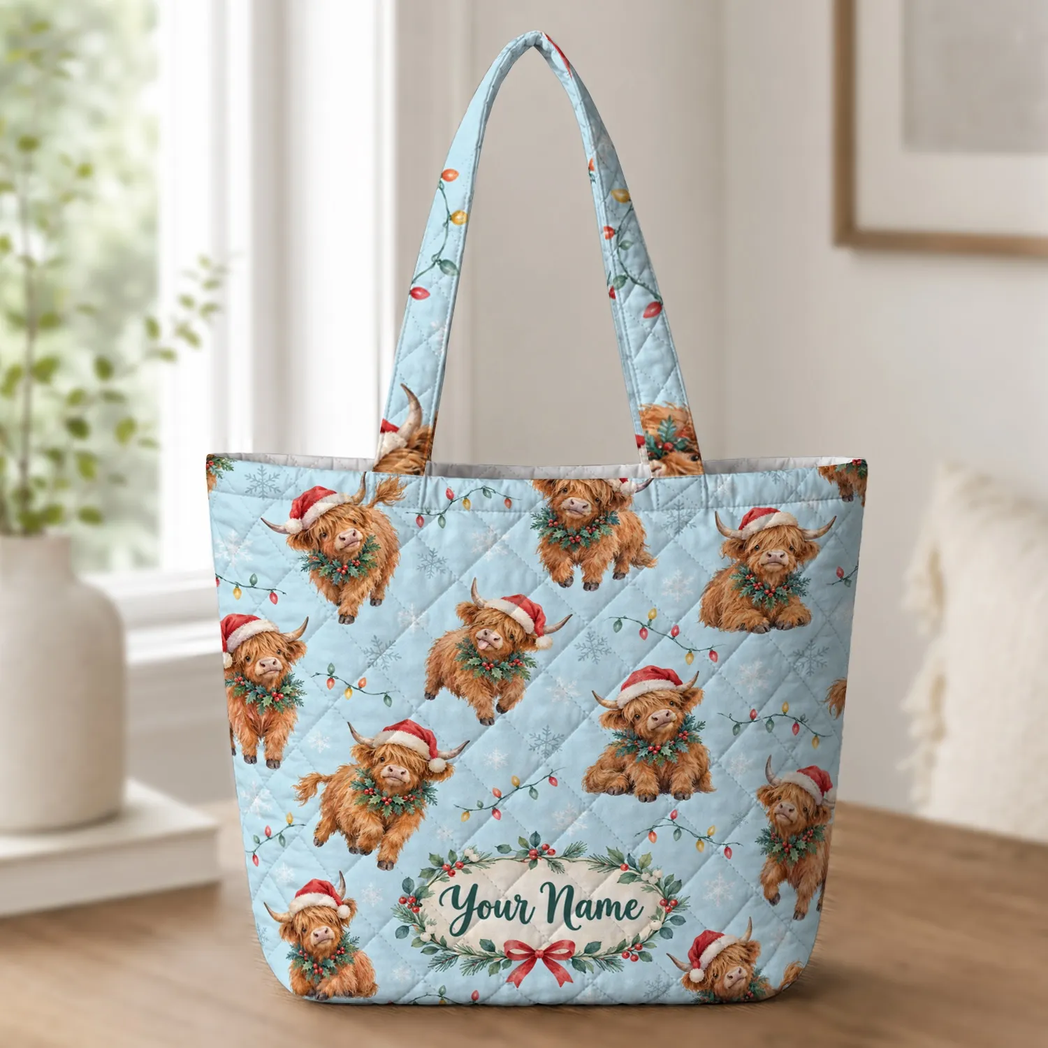 Santa Hat Highland Cow Holiday Cheer for Christmas Celebrations and Cow Lovers Quilted Tote Bag - 1