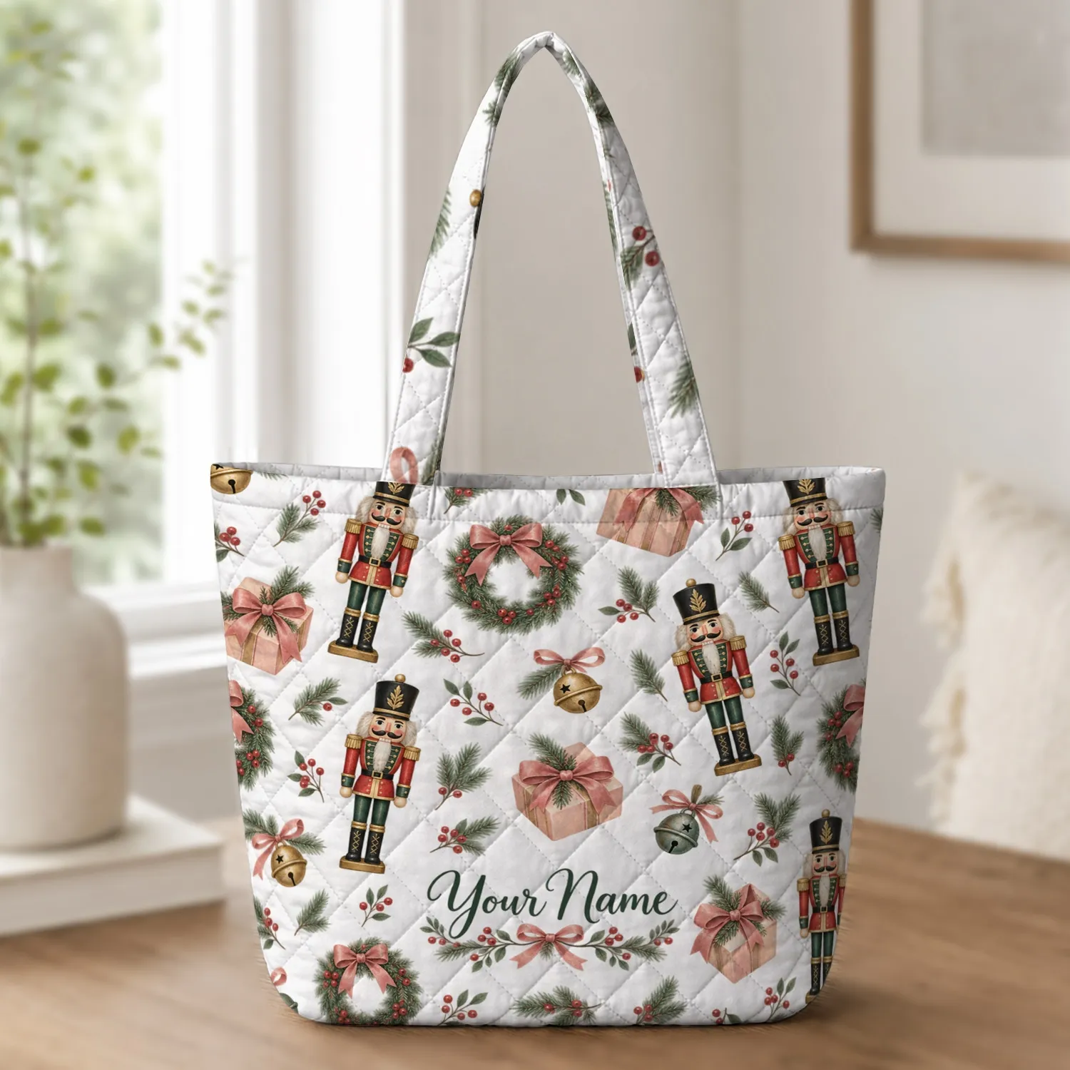Nutcracker Bells And Pink Bows For Cozy Christmas Gift Giving And Holiday Style For Her Quilted Tote Bag - 1