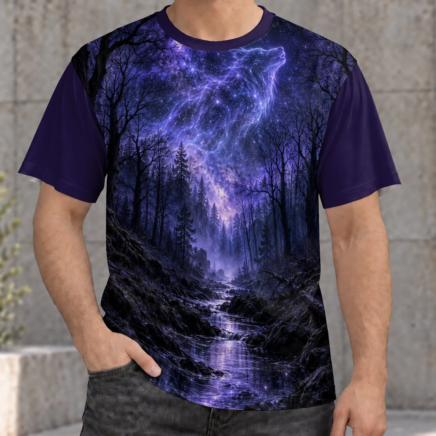 Purple Cosmic Forest Nightscape for Stargazing, Camping, and Quiet Outdoor Escapes All-over Print Unisex T-shirt - 1