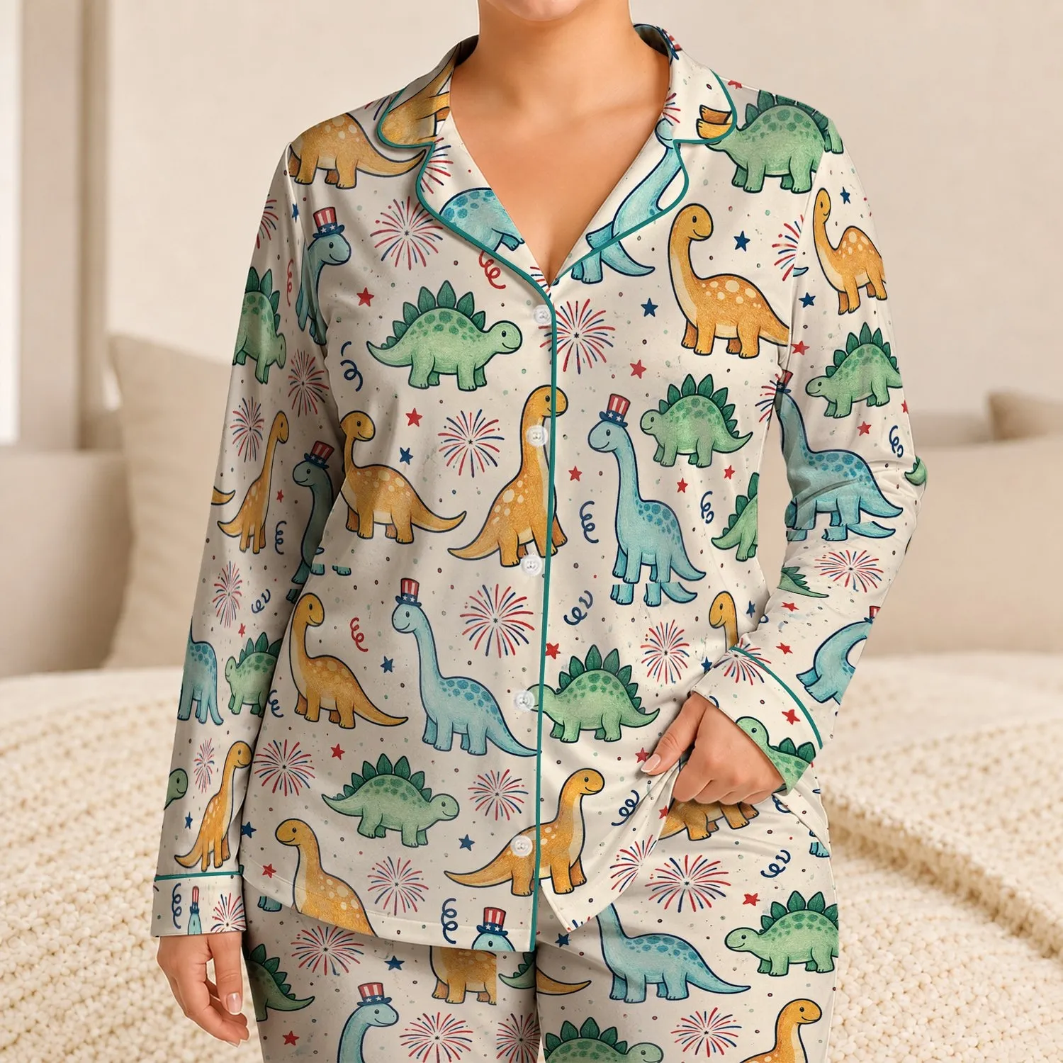 Playful Dinosaur Fireworks for Summer Celebrations and Fourth of July Fun for Kids Satin Pajamas Set - 1