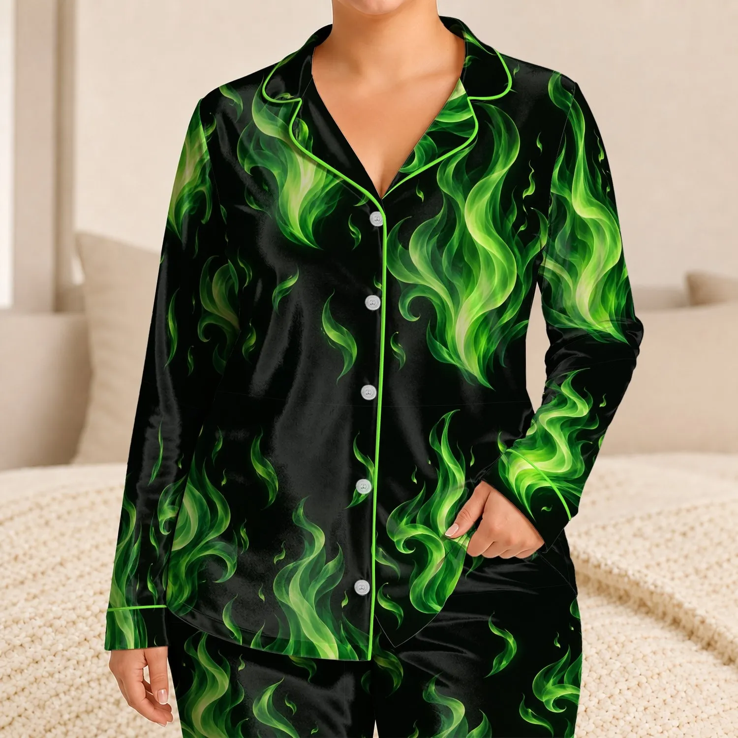 Emerald Green Flame Motifs for Bold Summer Beachside Relaxation and Coastal Getaways Satin Pajamas Set - 1