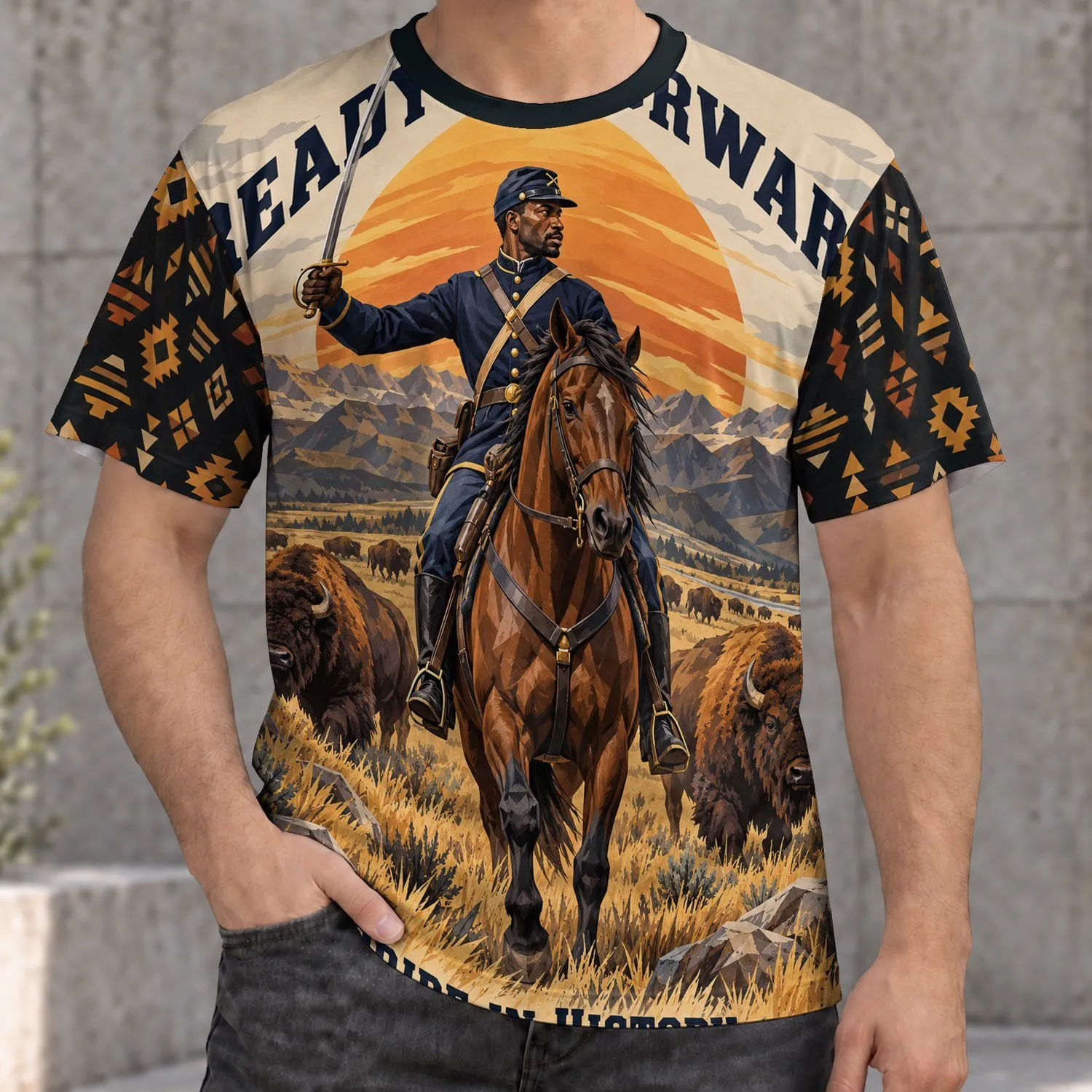 Geometric Cavalry Rider and Bison at Sunset for Outdoor Trips and History Gatherings All-over Print Unisex T-shirt - 1