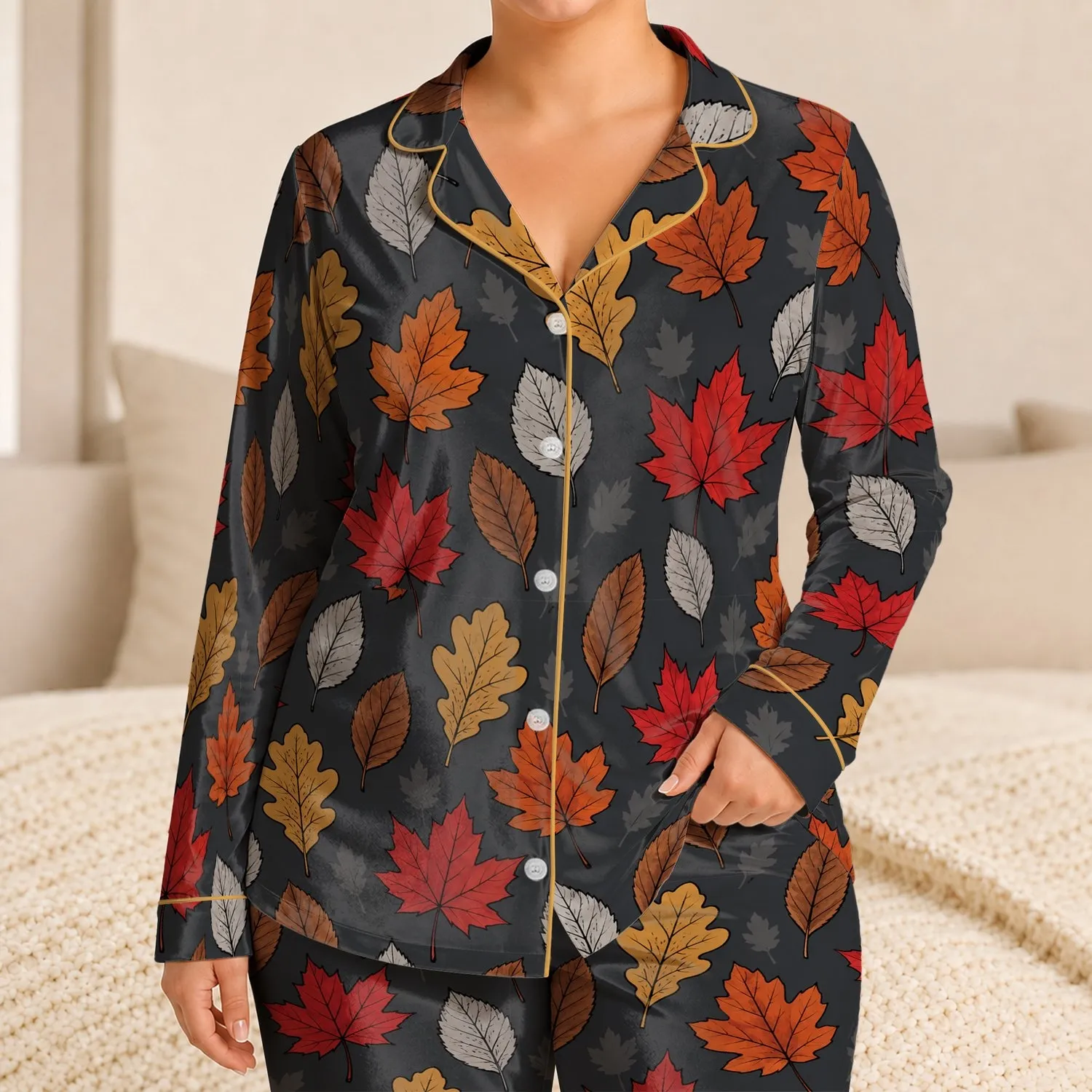 Hand-Drawn Autumn Leaves for Cozy Fall Evenings and Relaxed Home Lounging Satin Pajamas Set - 1