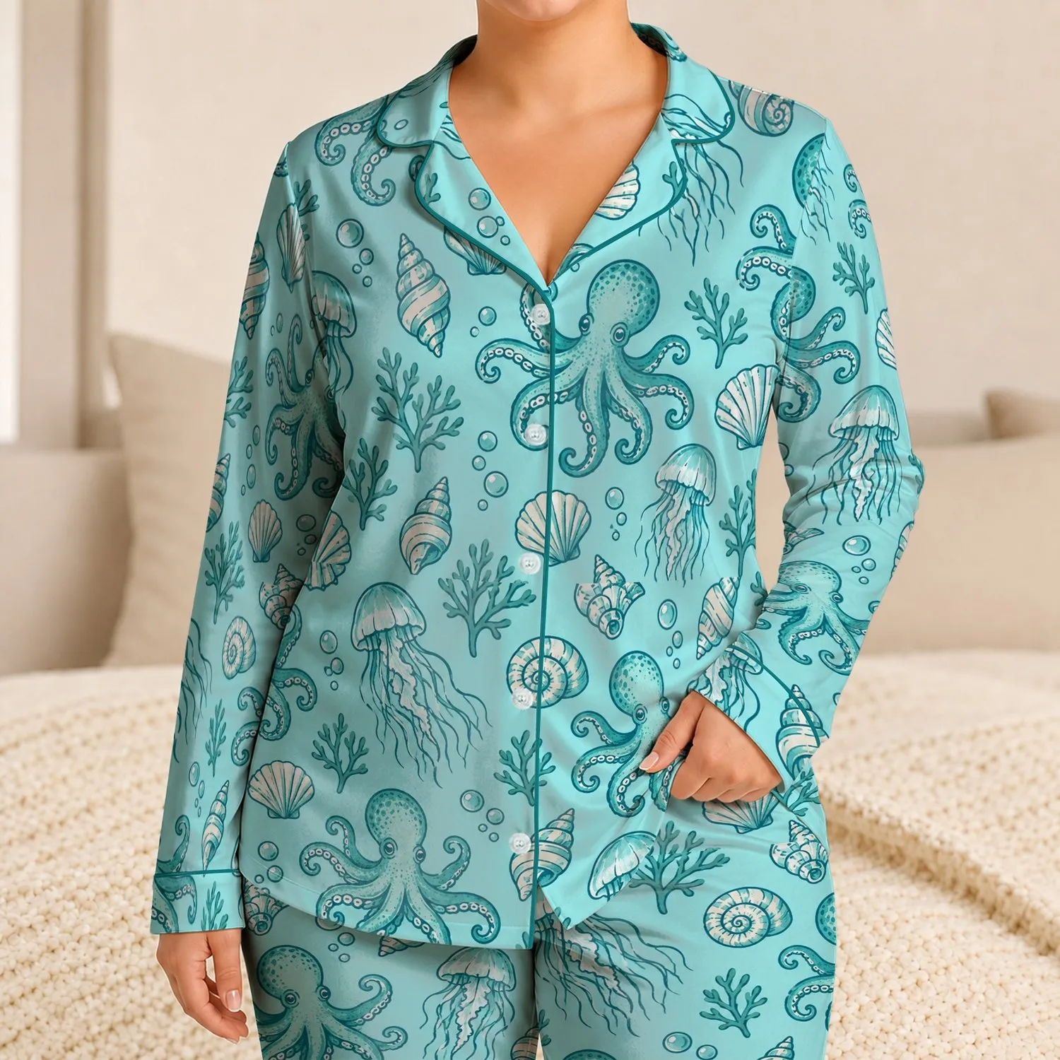 Teal Octopus And Jellyfish Ocean Life For Relaxed Coastal Getaways Satin Pajamas Set - 1