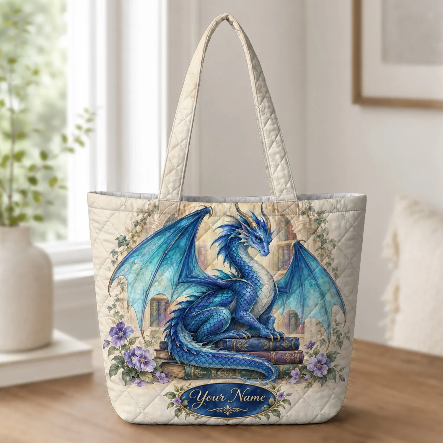 Blue Dragon and Violet Blossoms for Fantasy Readers and Dragon Lovers Quilted Tote Bag - 1
