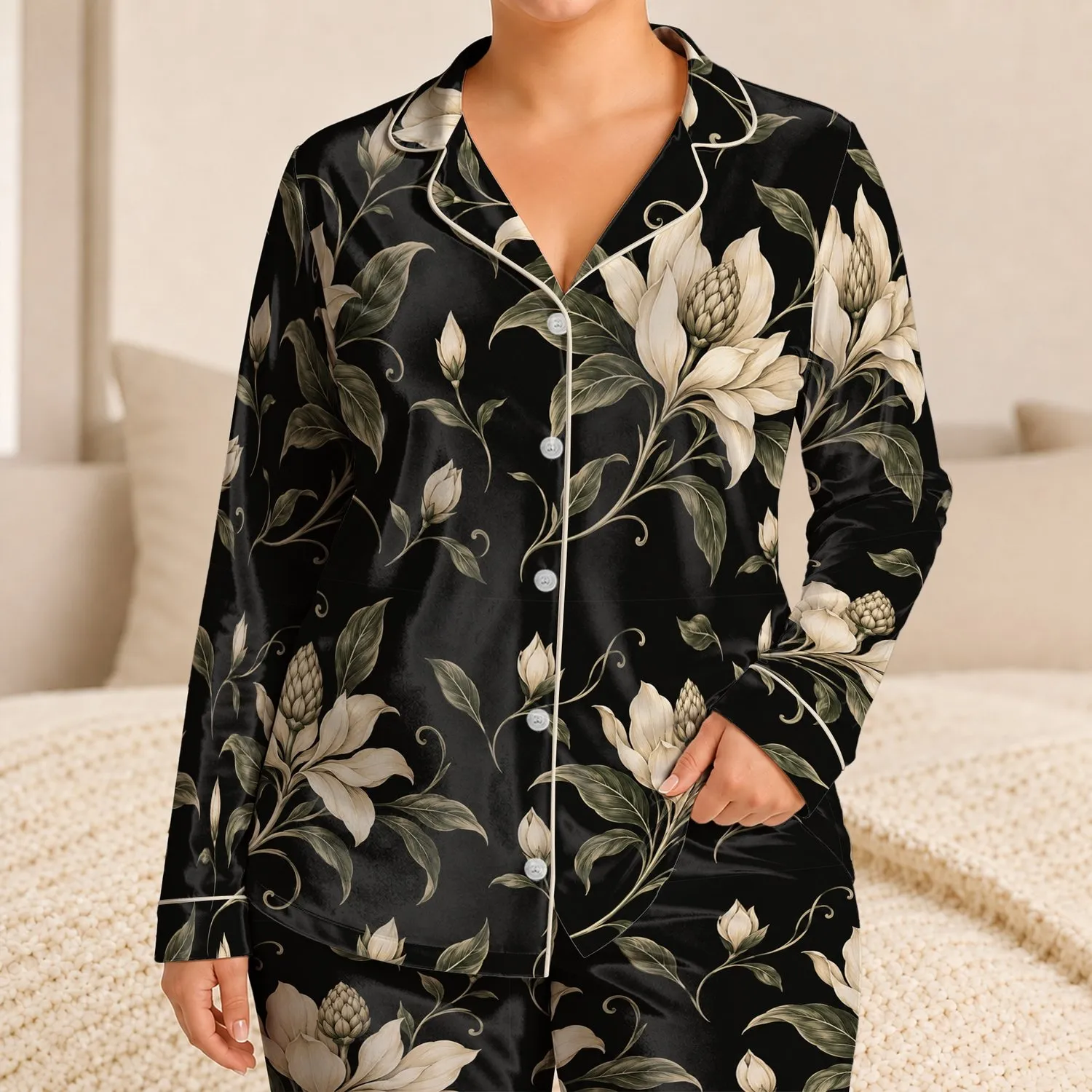 Ivory Botanical Flourishes for Elegant Coastal Getaways and Relaxed Evening Lounging Satin Pajamas Set - 1