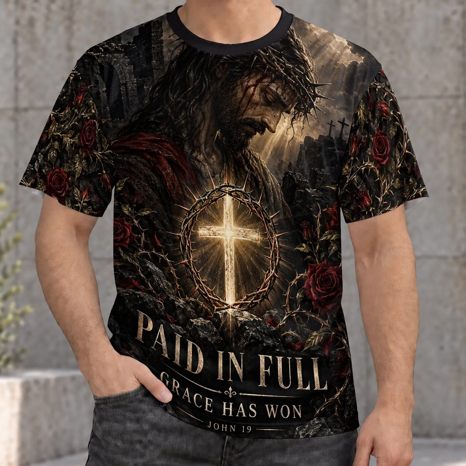 Radiant Thorn Crown Cross for Faithful Devotion and Everyday Christian Lifestyle Wear All-over Print Unisex T-shirt - 1