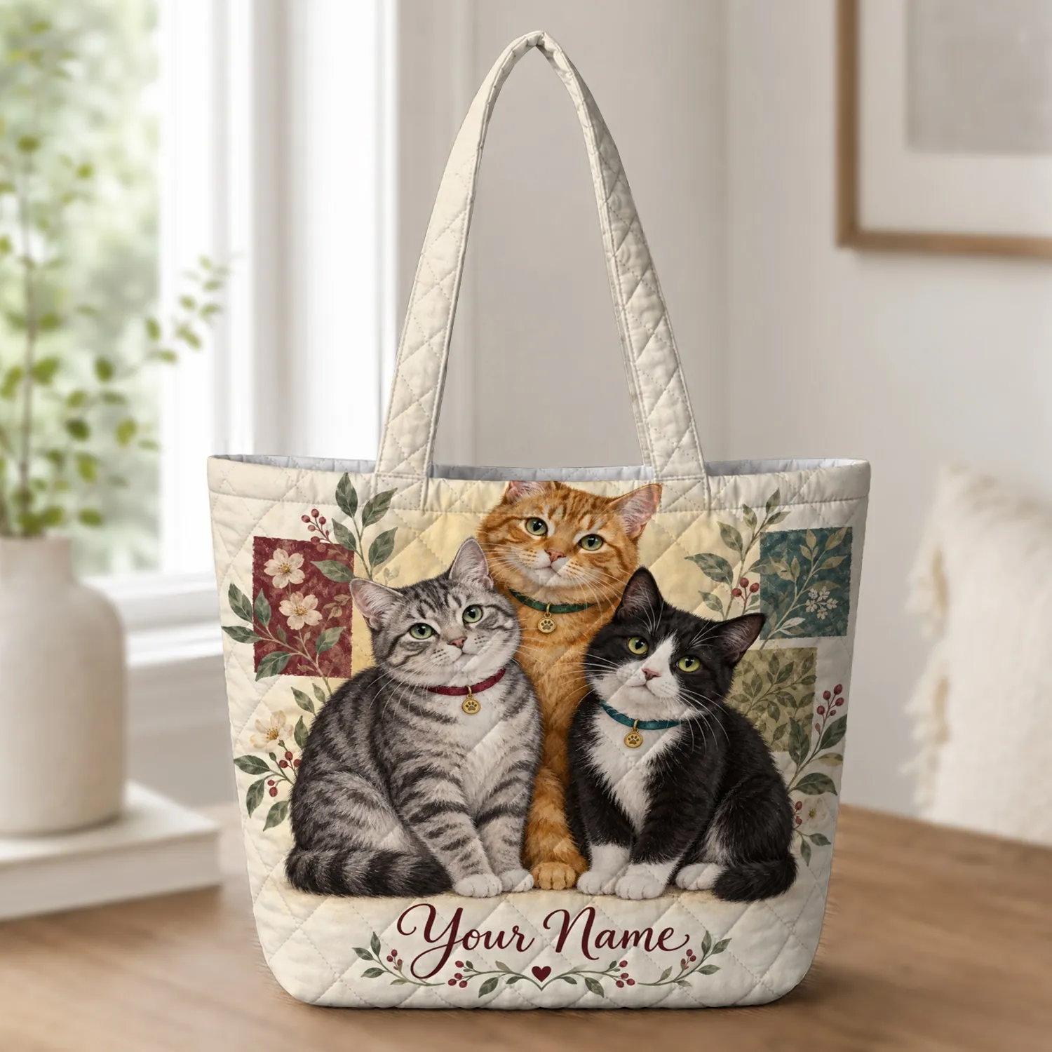 Three Tabby Cats with Floral Patchwork for Cozy Cat Mom Gifts and Everyday Errands Quilted Tote Bag - 1