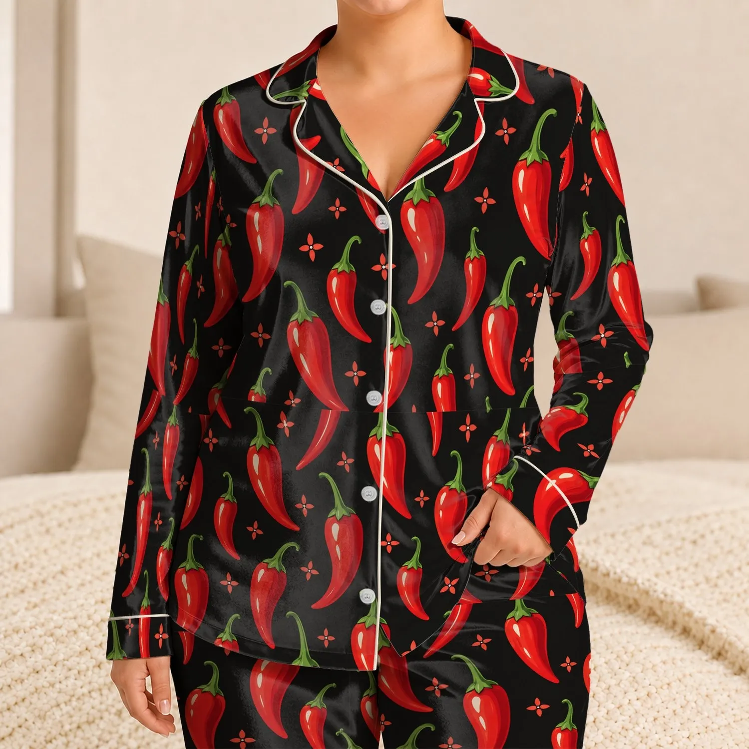 Red Chili Pepper Motifs for Summer Getaways and Relaxed Culinary-Inspired Style Satin Pajamas Set - 1