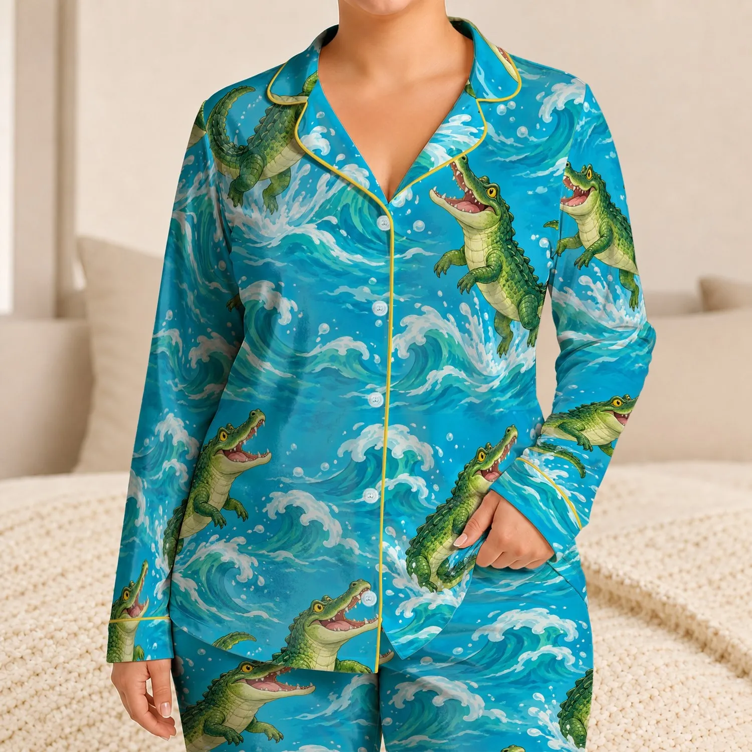 Green Crocodiles Leaping Over Waves for Bright Summer Beach Style Satin Pajamas Set - 1