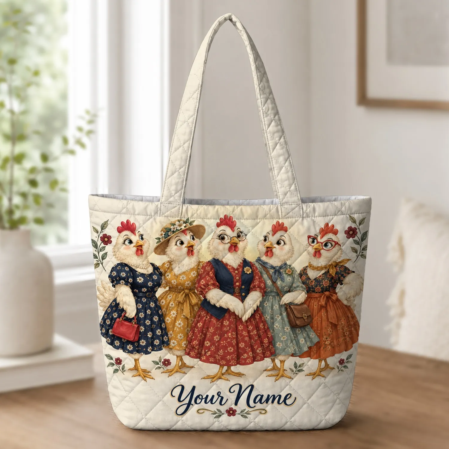 Colorful Farm Hens in Floral Dresses for Country Living and Chicken Lover Gift Giving Quilted Tote Bag - 1