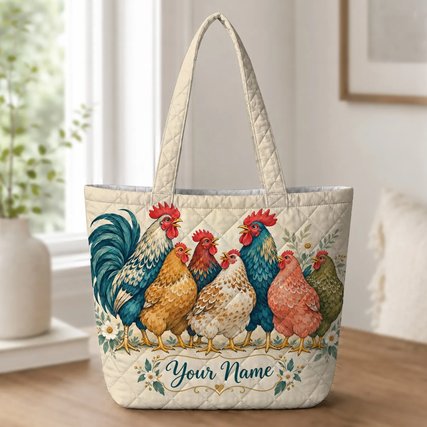 Colorful Farm Chickens and Roosters for Country Living and Hen Lovers Quilted Tote Bag - 1