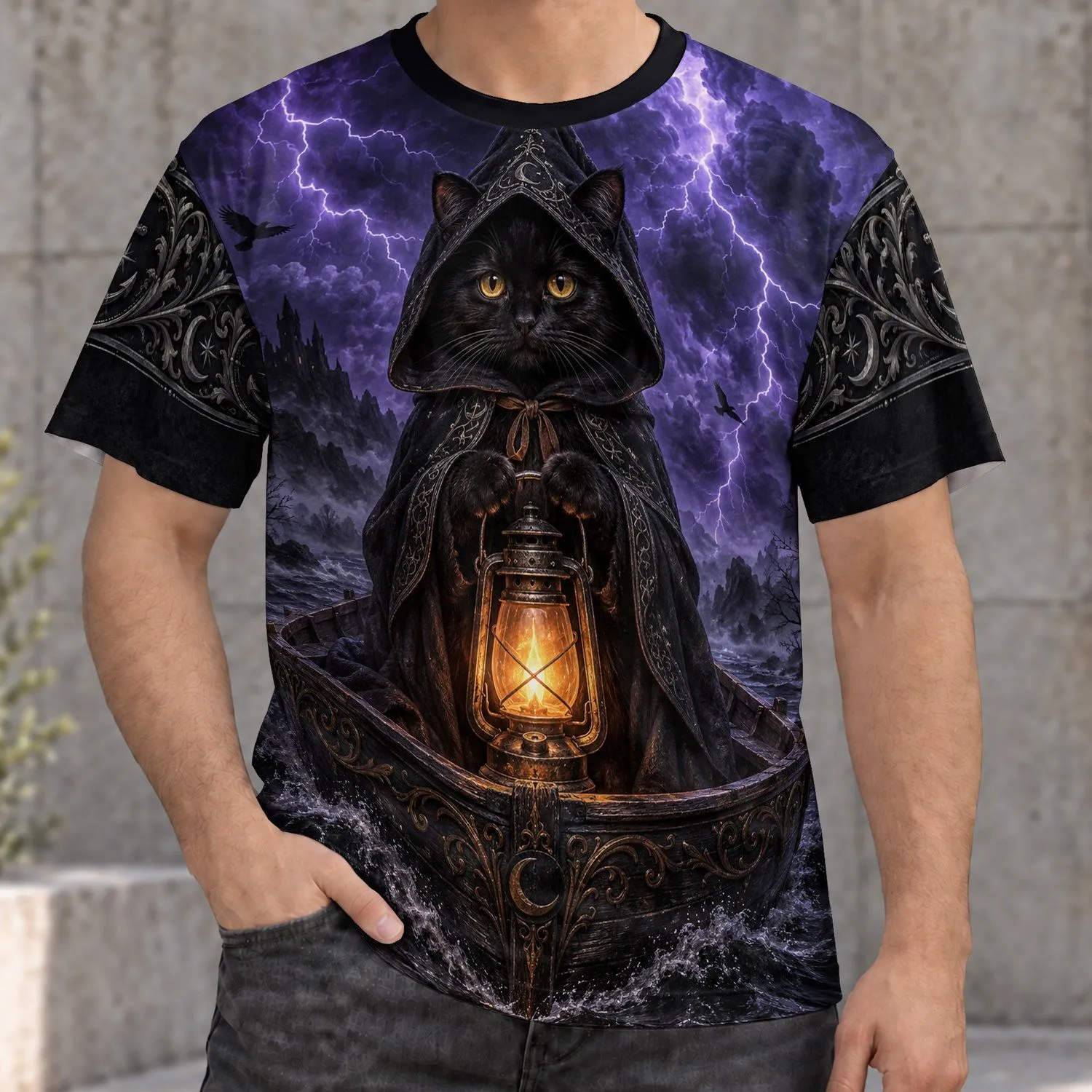 Hooded Black Cat with Glowing Lantern for Gothic Night Adventures and Fantasy Fans All-over Print Unisex T-shirt - 1