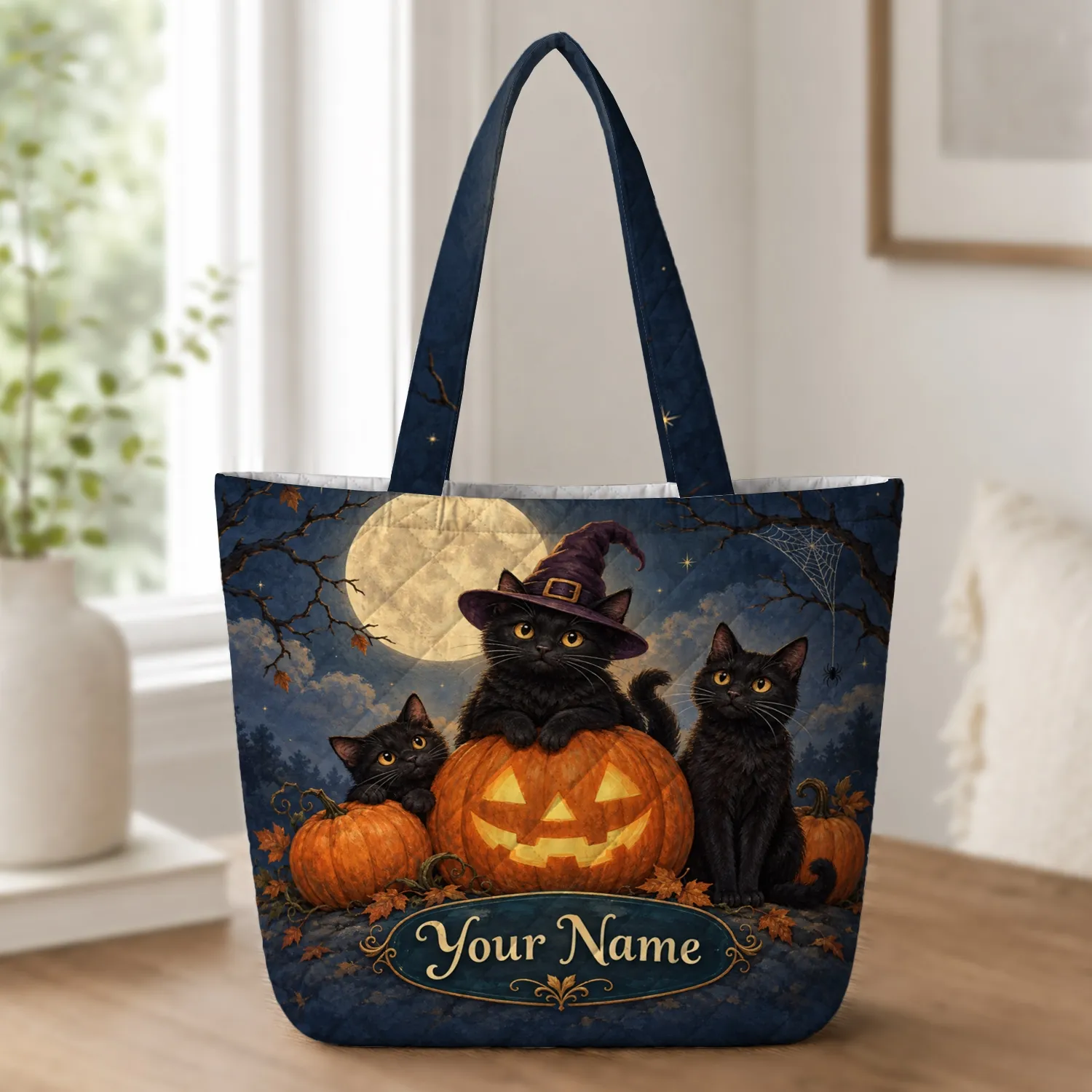Black Cats And Jack O Lanterns For Spooky Halloween Night Celebrations Quilted Tote Bag - 1