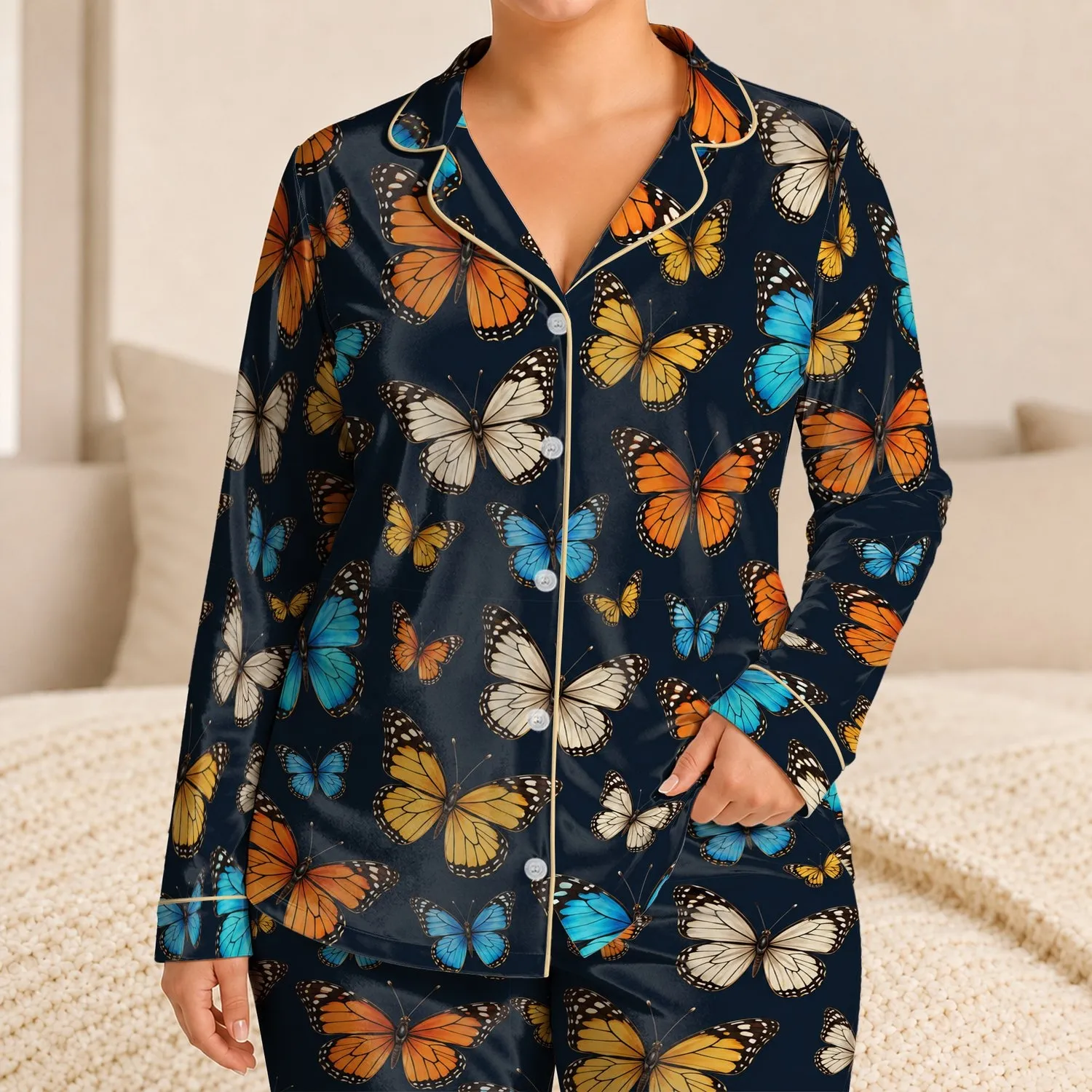 Colorful Butterfly Motifs for Relaxed Summer Lounging and Tropical Getaways at Home Satin Pajamas Set - 1