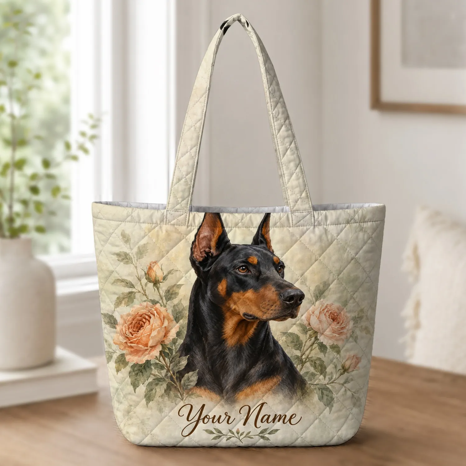 Doberman Pinscher and Peach Roses for Dog Lovers, Garden Walks and Thoughtful Gifting Quilted Tote Bag - 1