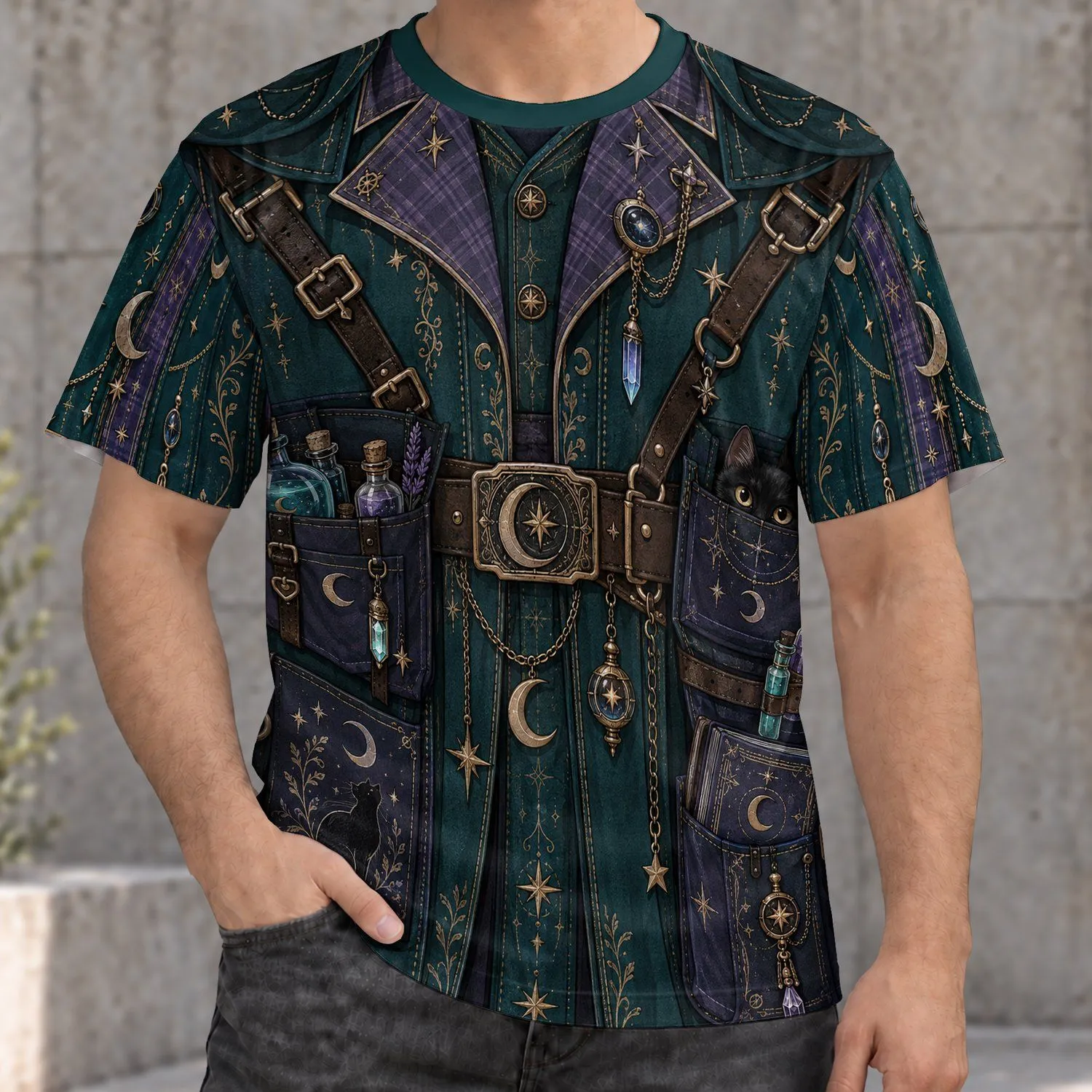 Wizard Potion Vest with Black Cats for Halloween Cosplay and Fantasy Fans All-over Print Unisex T-shirt - 1