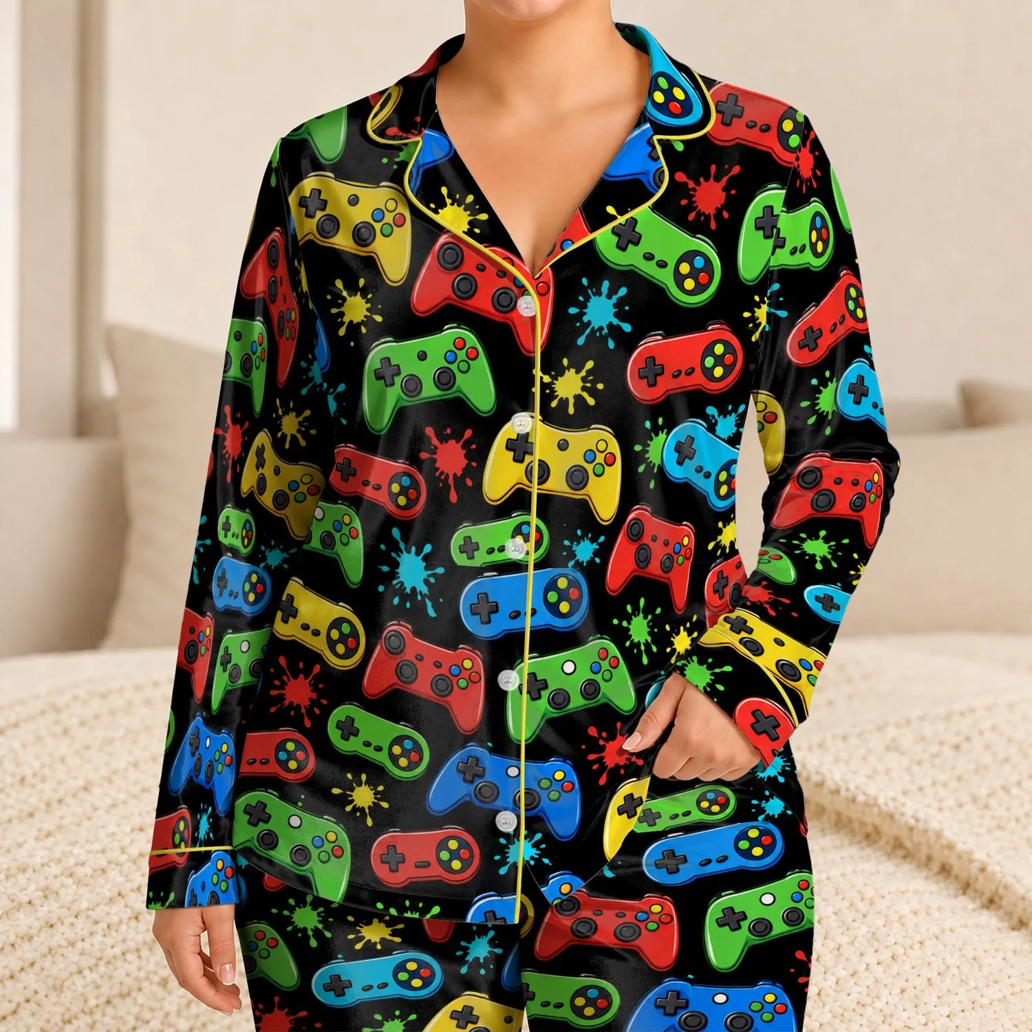 Colorful Retro Game Controllers for Cozy Gaming Nights and Relaxed Weekend Lounging Satin Pajamas Set - 1