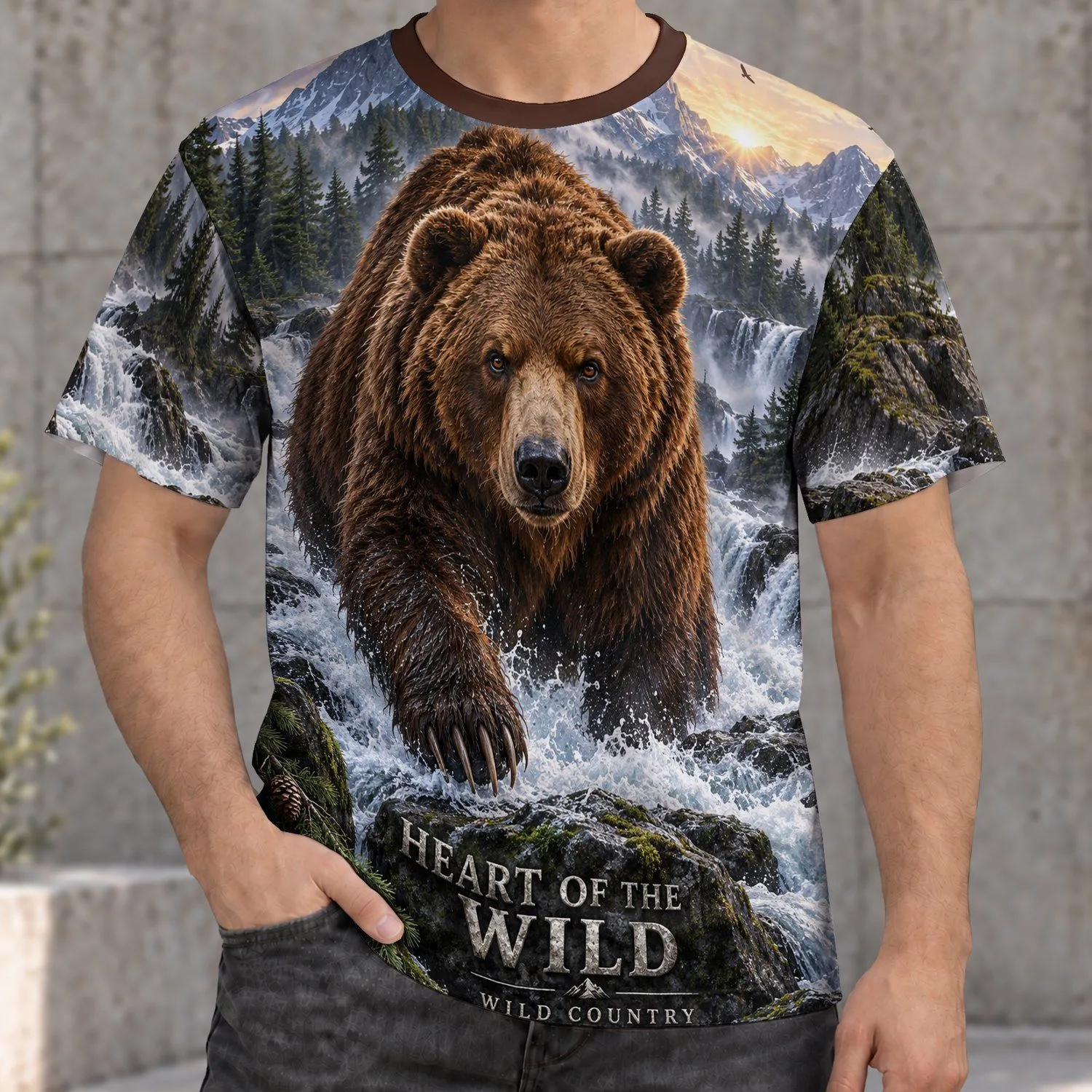 Brown Bear in Mountain Rapids for Wilderness Adventure and Outdoor Nature Lovers All-over Print Unisex T-shirt - 1