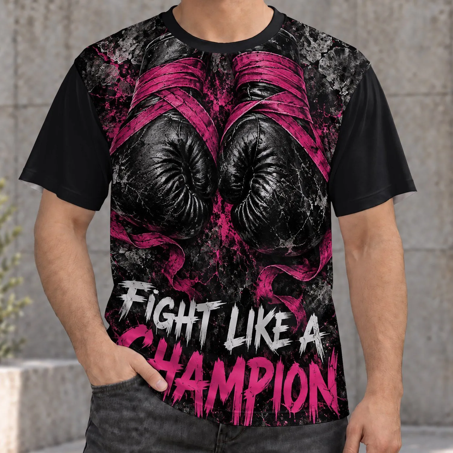 Black Boxing Gloves with Pink Wraps for Fight Night Training and Champion Mindset Gift All-over Print Unisex T-shirt - 1