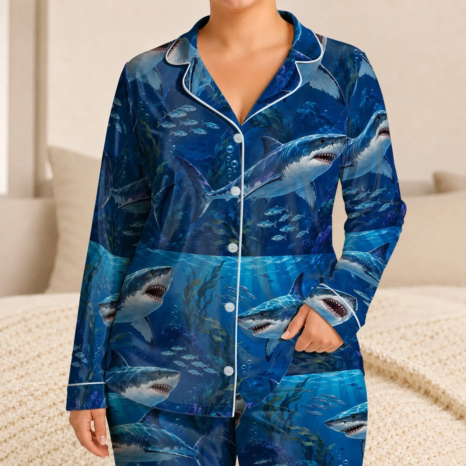 Deep Sea Sharks And Ocean Currents For Adventurous Coastal Getaways Satin Pajamas Set - 1