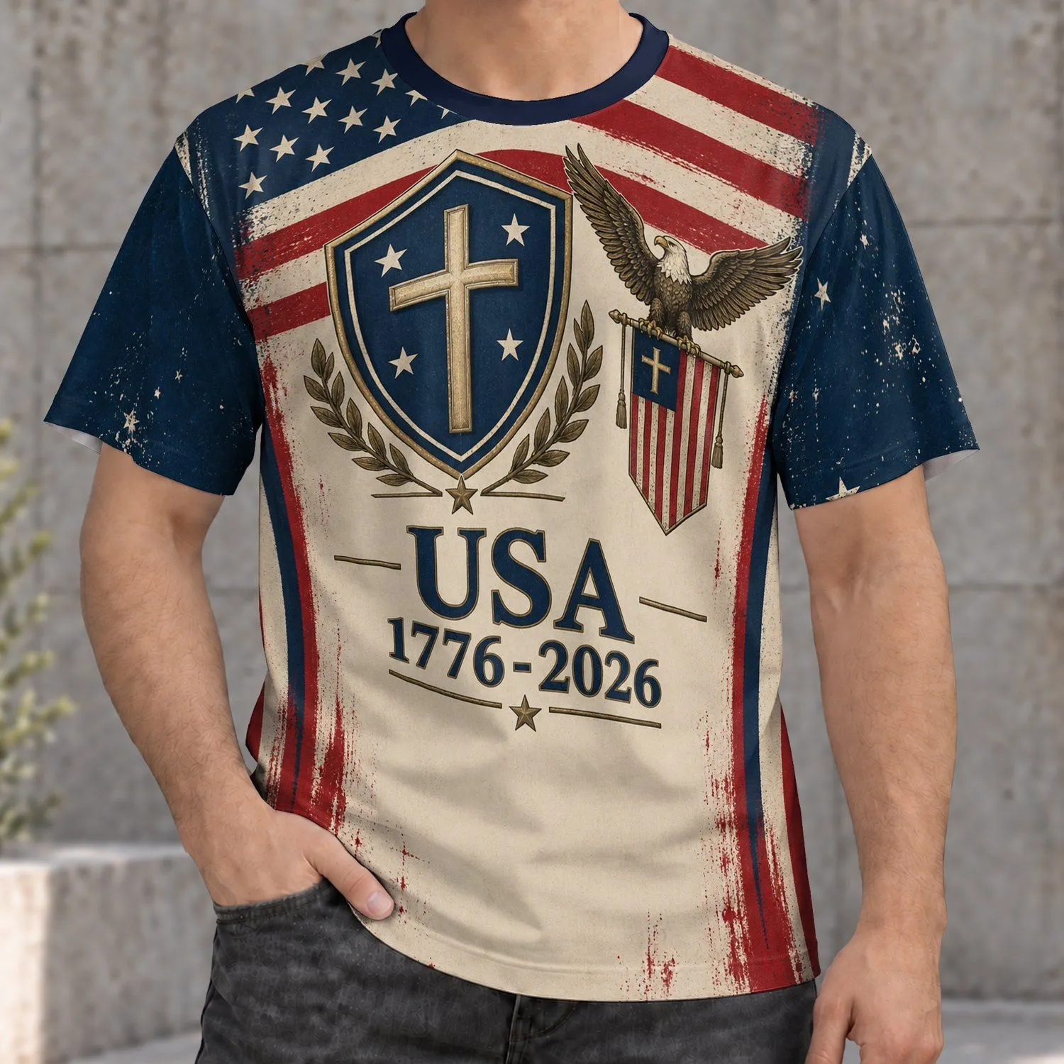 Patriotic Eagle Cross And Flag Motifs For Independence Day Football Game Gatherings All-over Print Unisex T-shirt - 1