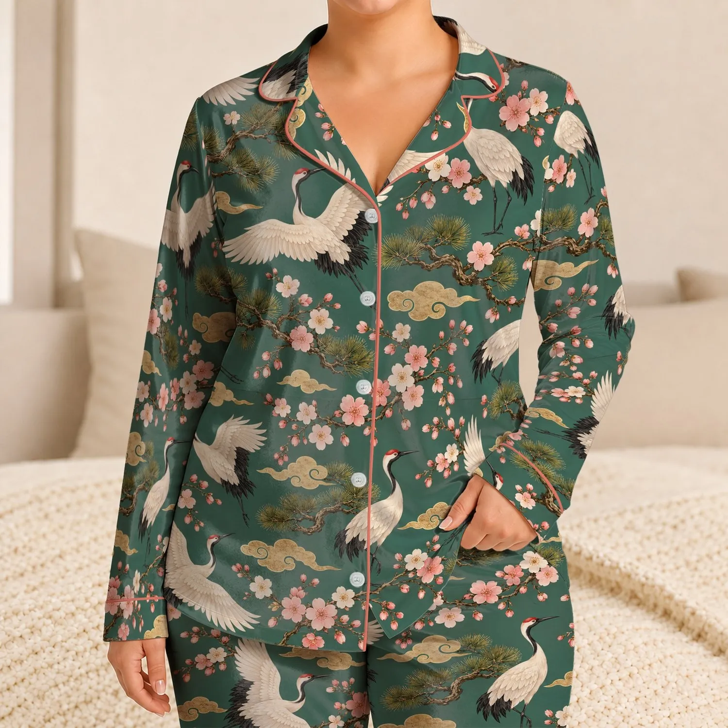 Cranes and Cherry Blossoms for Coastal Getaways and Relaxed Japanese-Inspired Style Satin Pajamas Set - 1