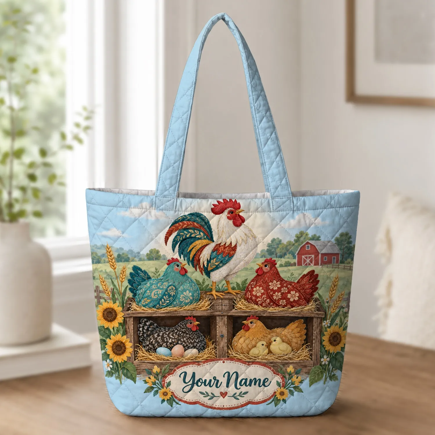 Colorful Chicken Coop and Rooster Garden Scene for Farmhouse Lovers and Animal Fans Quilted Tote Bag - 1